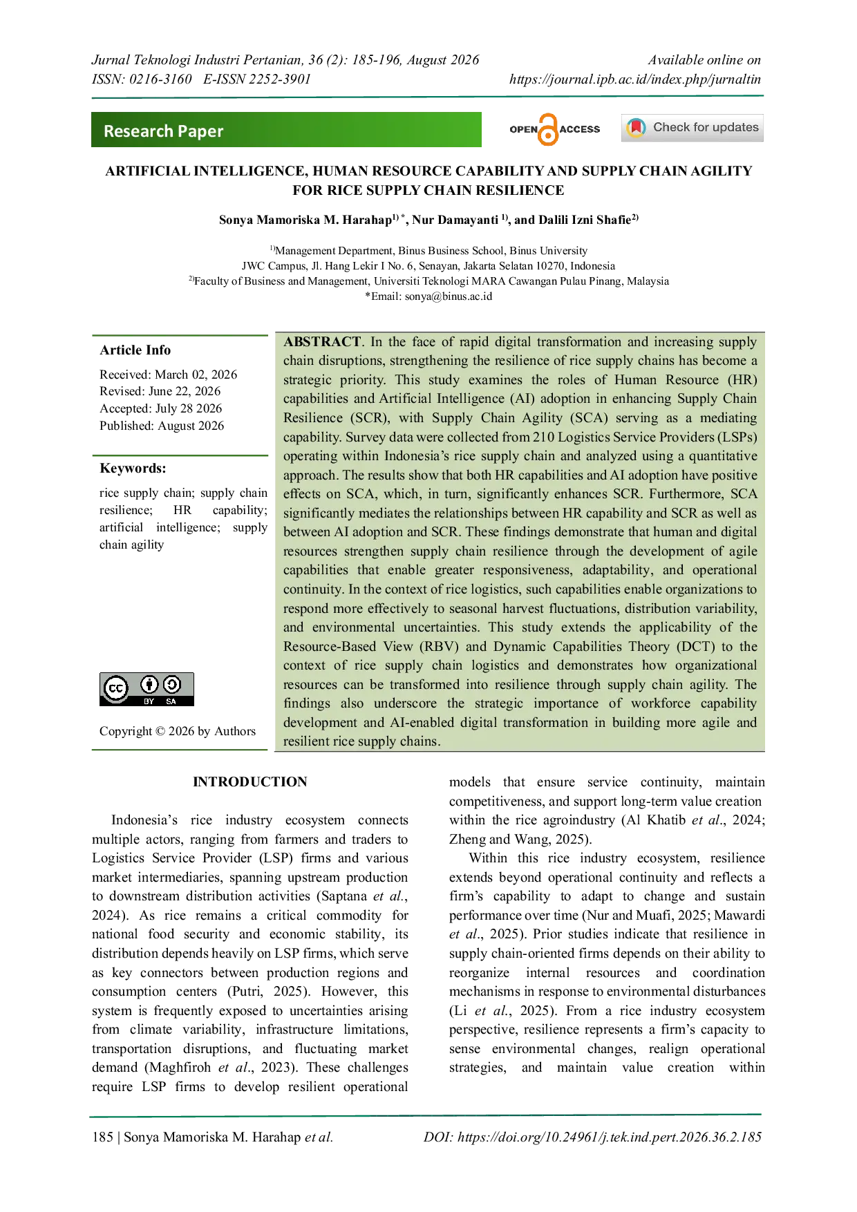 JURIS Artificial Intelligence Human Resource Capability and Supply Chain Agility for Rice Supply Chain Resilience