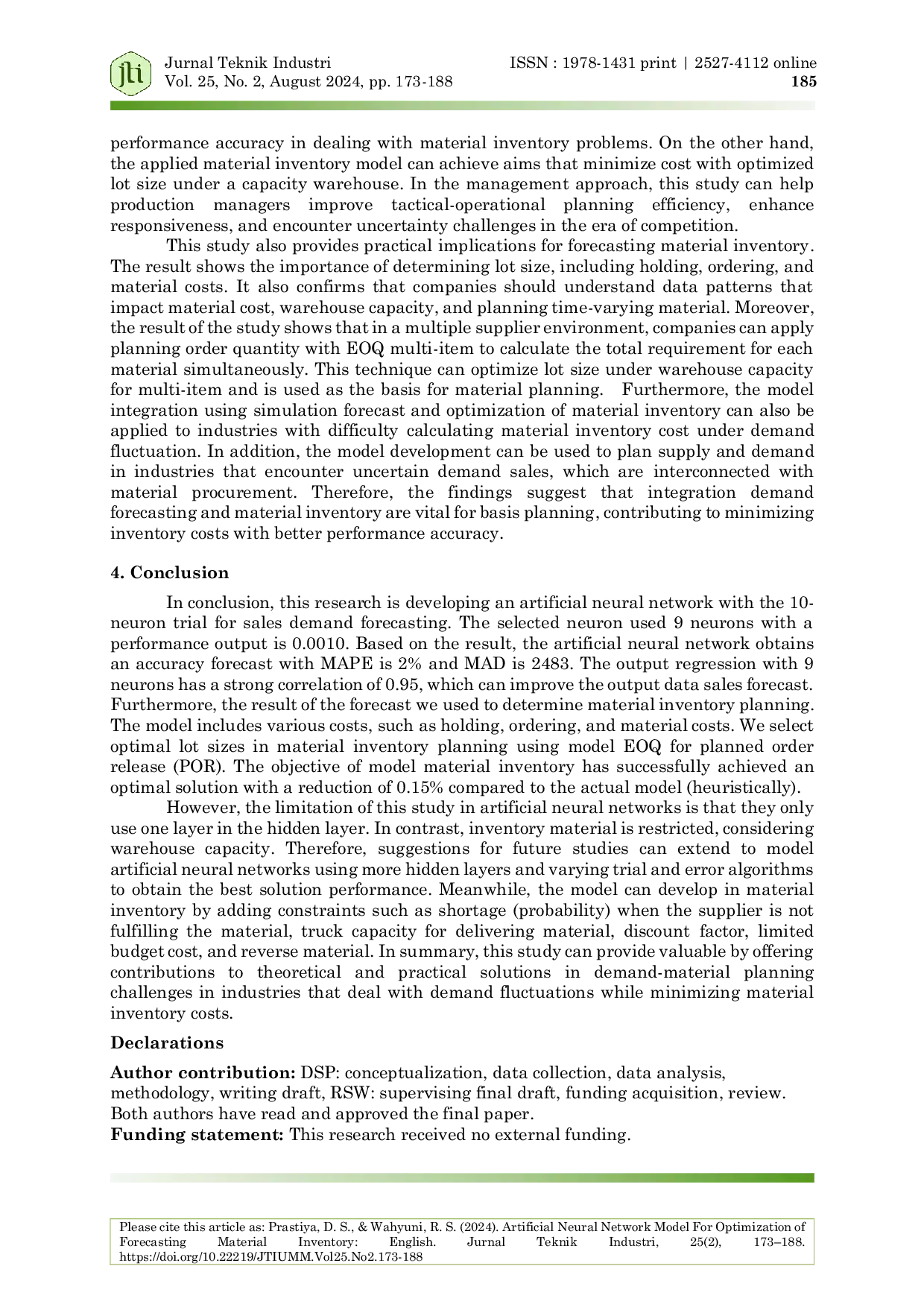 JURIS Artificial Neural Network Model For Optimization of Forecasting Material Inventory English