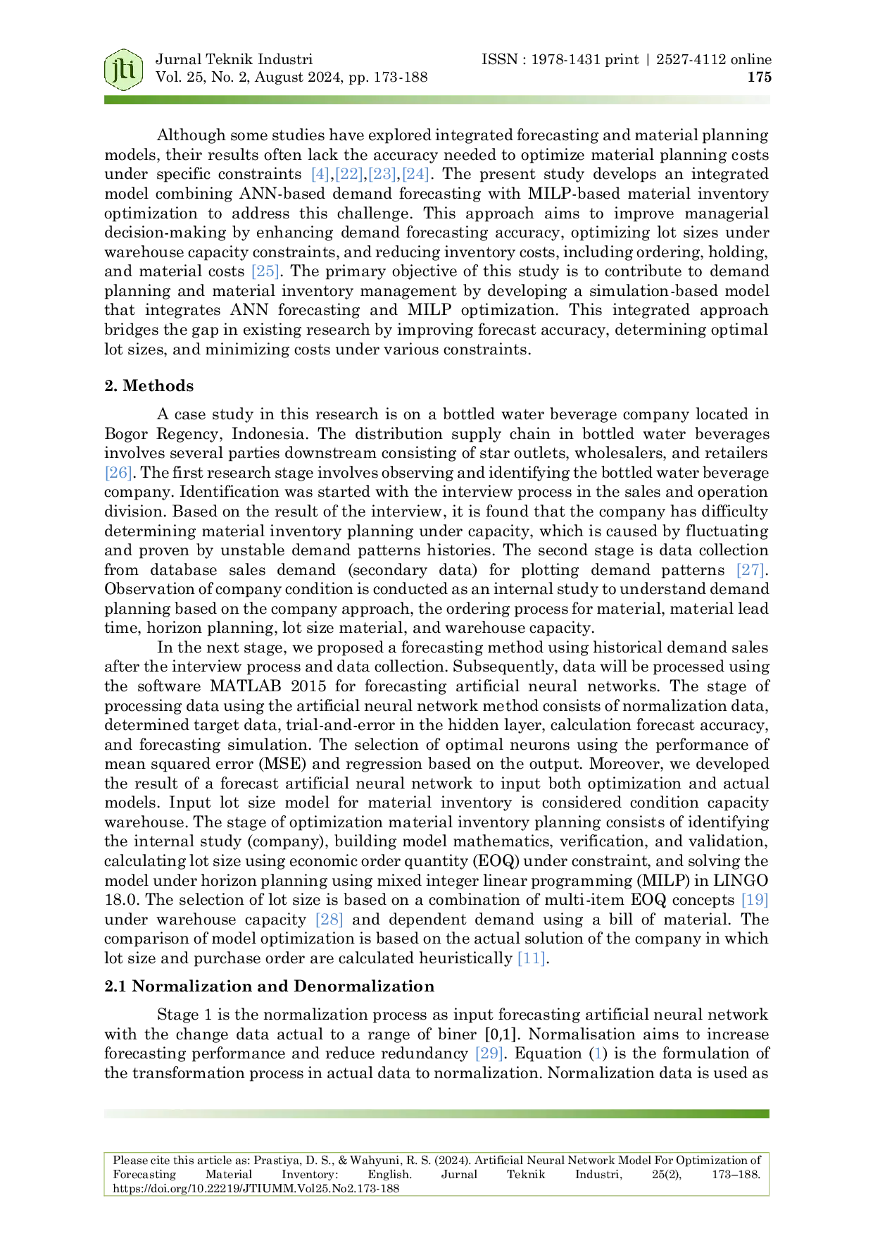 JURIS Artificial Neural Network Model For Optimization of Forecasting Material Inventory English
