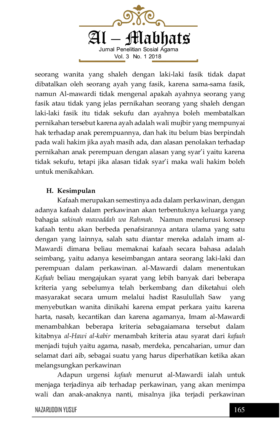 JURIS Menelusuri Pemikiran Imam al Mawardi Kafaah Syarat Mukhtabarah Dalam Perkawinan