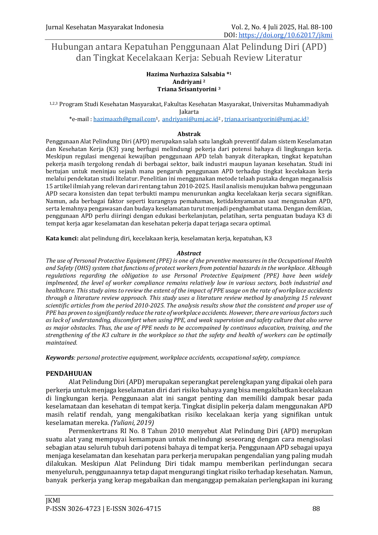 JURIS Hubungan antara Kepatuhan Penggunaan Alat Pelindung Diri APD dan Tingkat Kecelakaan Kerja Sebuah Review Literatur