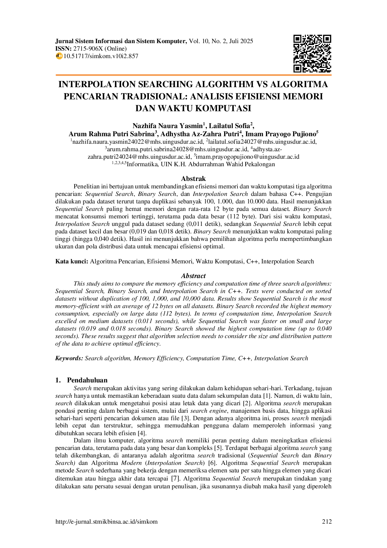 JURIS Interpolation Searching Algorithm Vs Algoritma Pencarian Tradisional Analisis Efisiensi Memori dan Waktu Komputasi