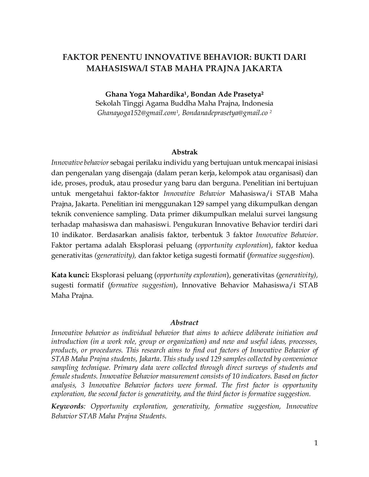 JURIS Faktor Penentu Innovative Behavior Bukti Dari Mahasiswa i Stab Maha Prajna Jakarta