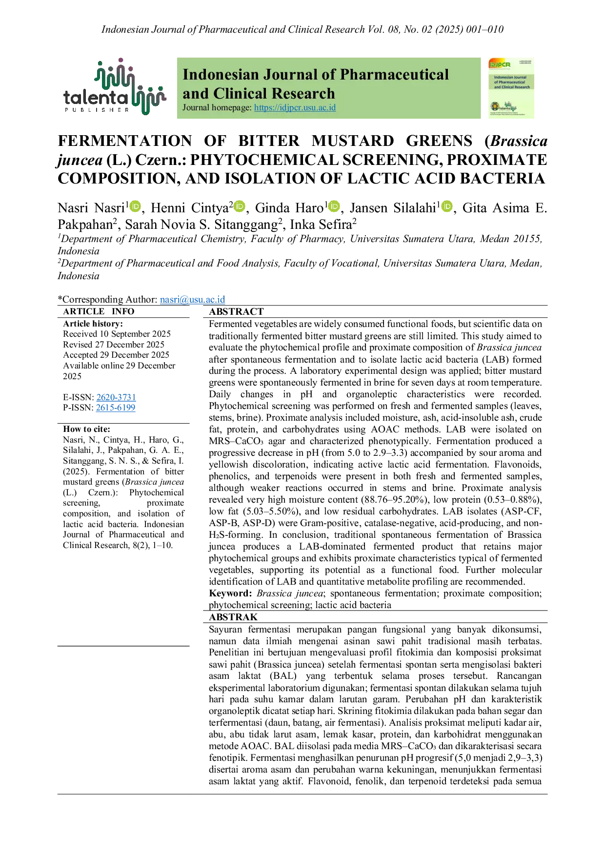 JURIS FERMENTATION OF BITTER MUSTARD GREENS Brassica juncea L Czern PHYTOCHEMICAL SCREENING PROXIMATE COMPOSITION AND ISOLATION OF LACTIC ACID BACTERIA