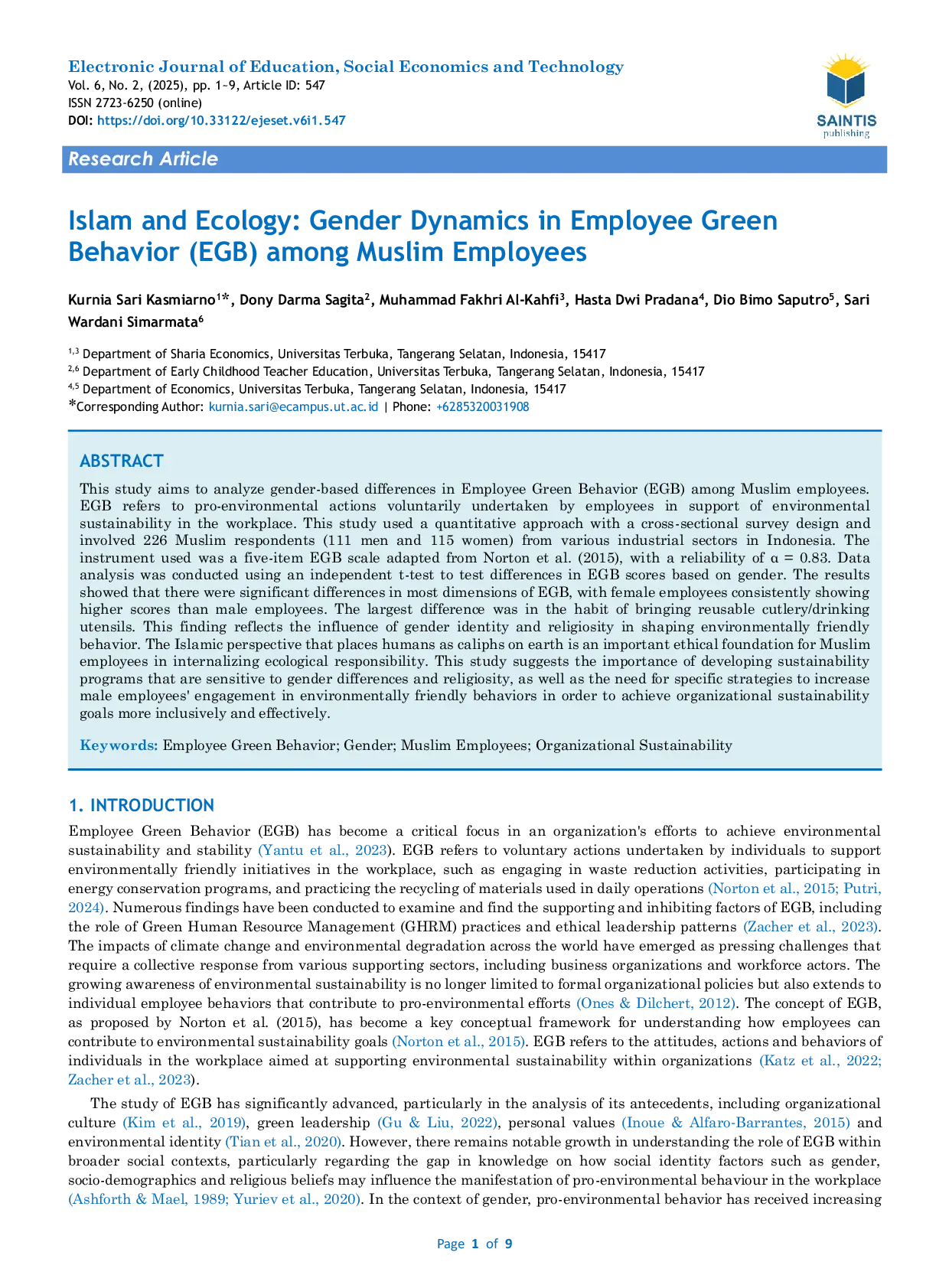 JURIS Islam and Ecology Gender Dynamics in Employee Green Behavior EGB among Muslim Employees
