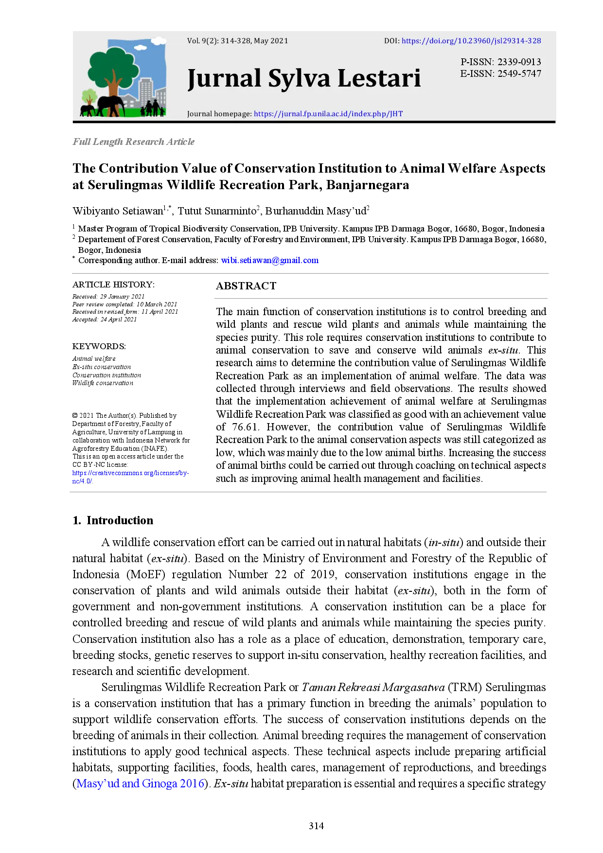 juris The Contribution Value of Conservation Institution to Animal Welfare Aspects at Serulingmas Wildlife Recreation Park Banjarnegara