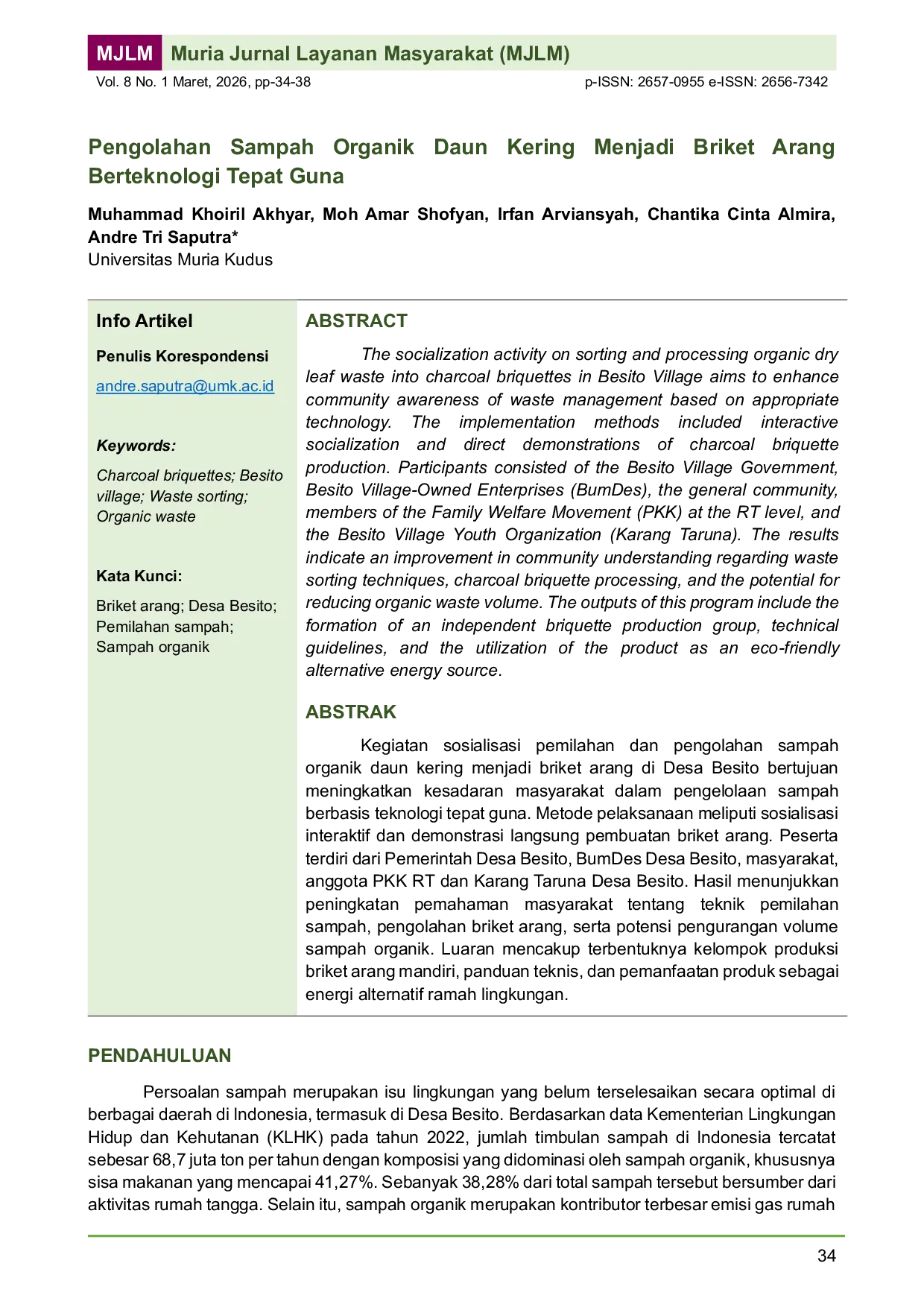 JURIS Pengolahan Sampah Organik Daun Kering menjadi Briket Arang Berteknologi Tepat Guna