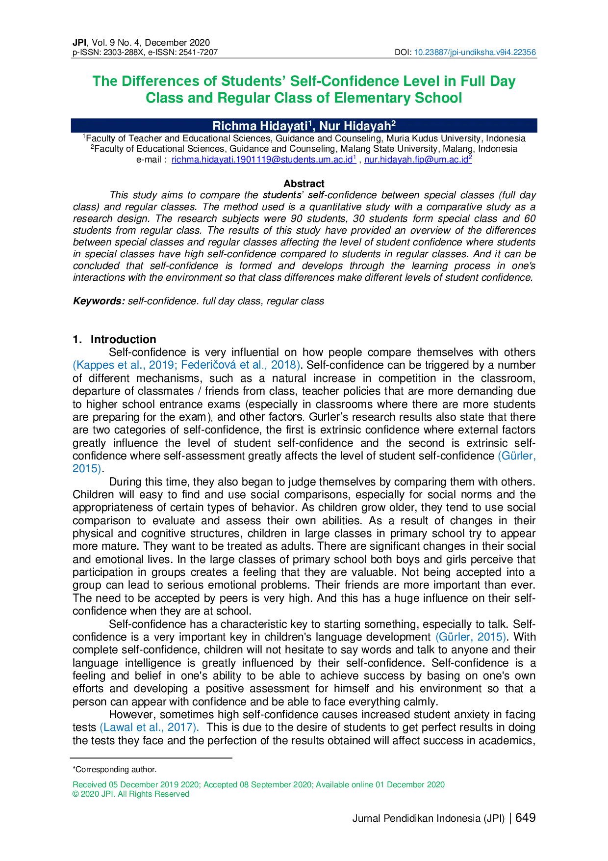 juris The Differences of Students Self Confidence Level in Full Day Class and Regular Class of Elementary School