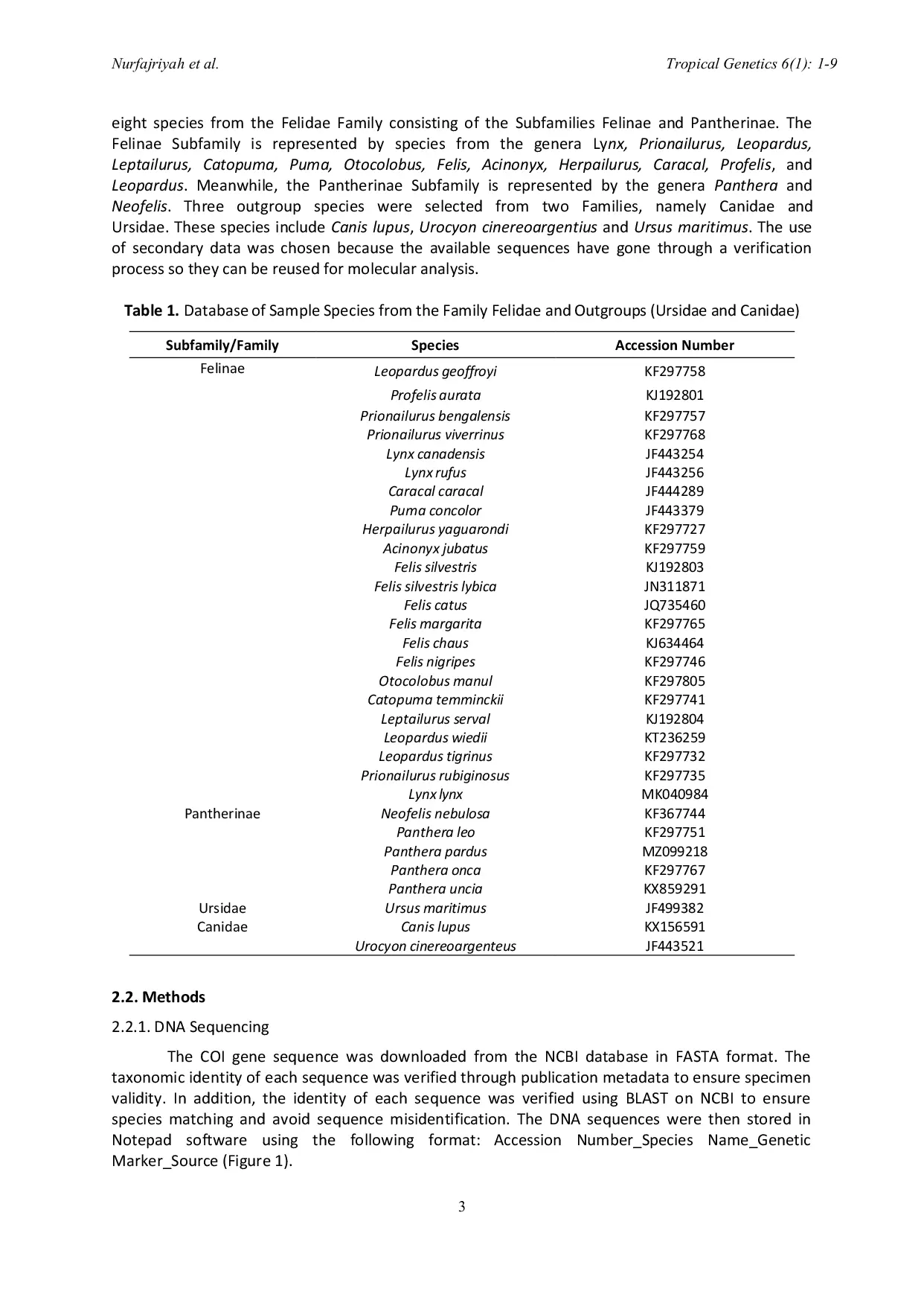 JURIS Phylogenetic Analysis of the Relationship Between Puma Concolor and the Genus Panthera Within The Family Felidae Based on the COI Gene
