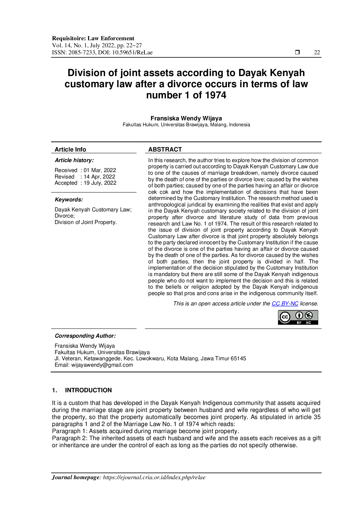 JURIS Division of Joint Assets According to Dayak Kenyah Customary Law After a Divorce Occurs in Terms of Law Number 1 of 1974