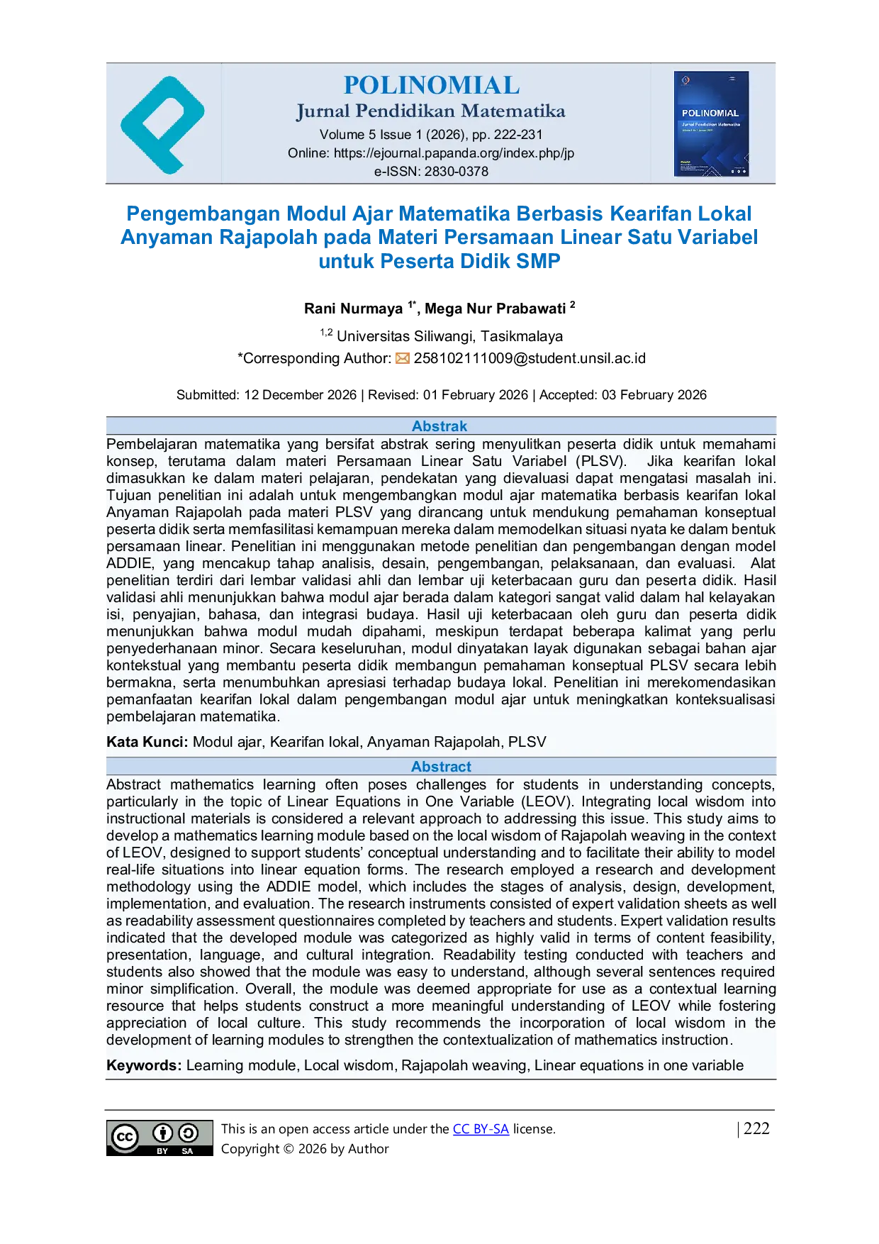 JURIS Pengembangan Modul Ajar Matematika Berbasis Kearifan Lokal Anyaman Rajapolah pada Materi Persamaan Linear Satu Variabel untuk Peserta Didik SMP