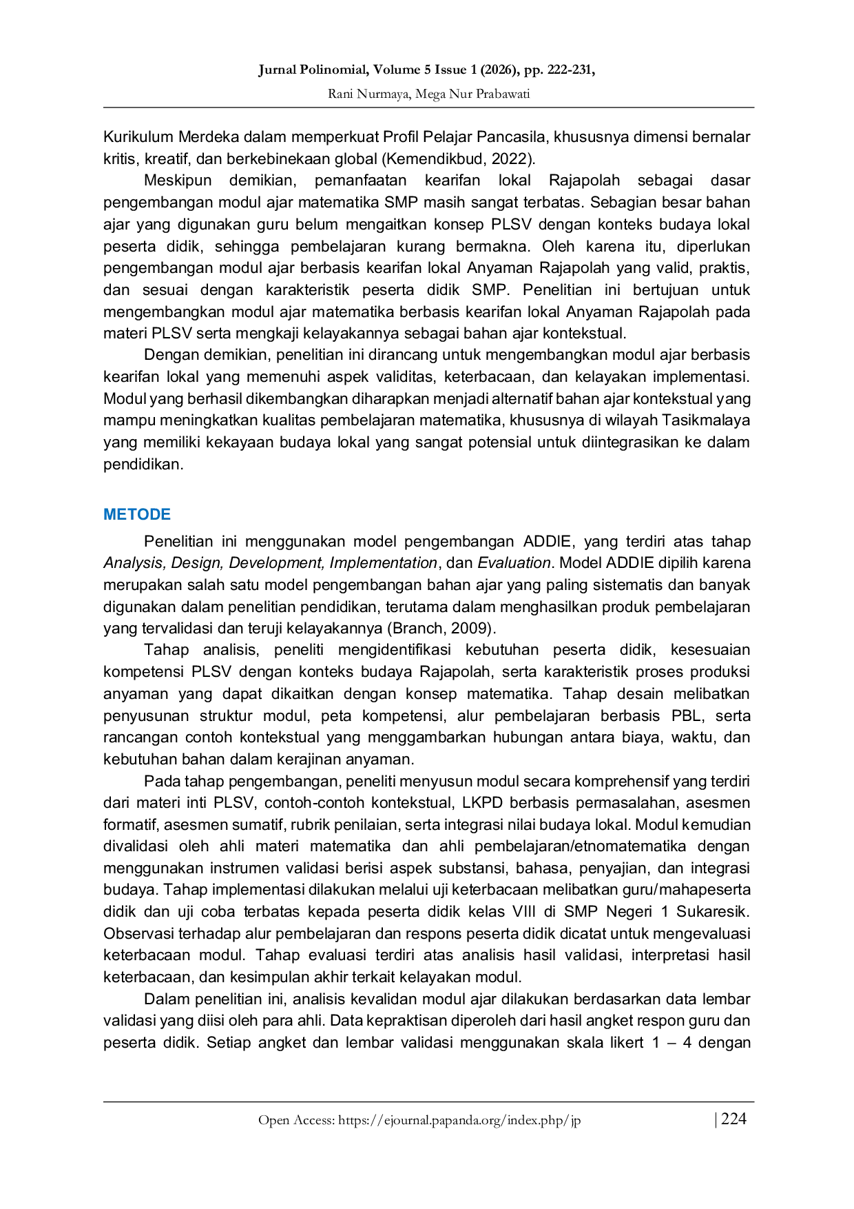 JURIS Pengembangan Modul Ajar Matematika Berbasis Kearifan Lokal Anyaman Rajapolah pada Materi Persamaan Linear Satu Variabel untuk Peserta Didik SMP