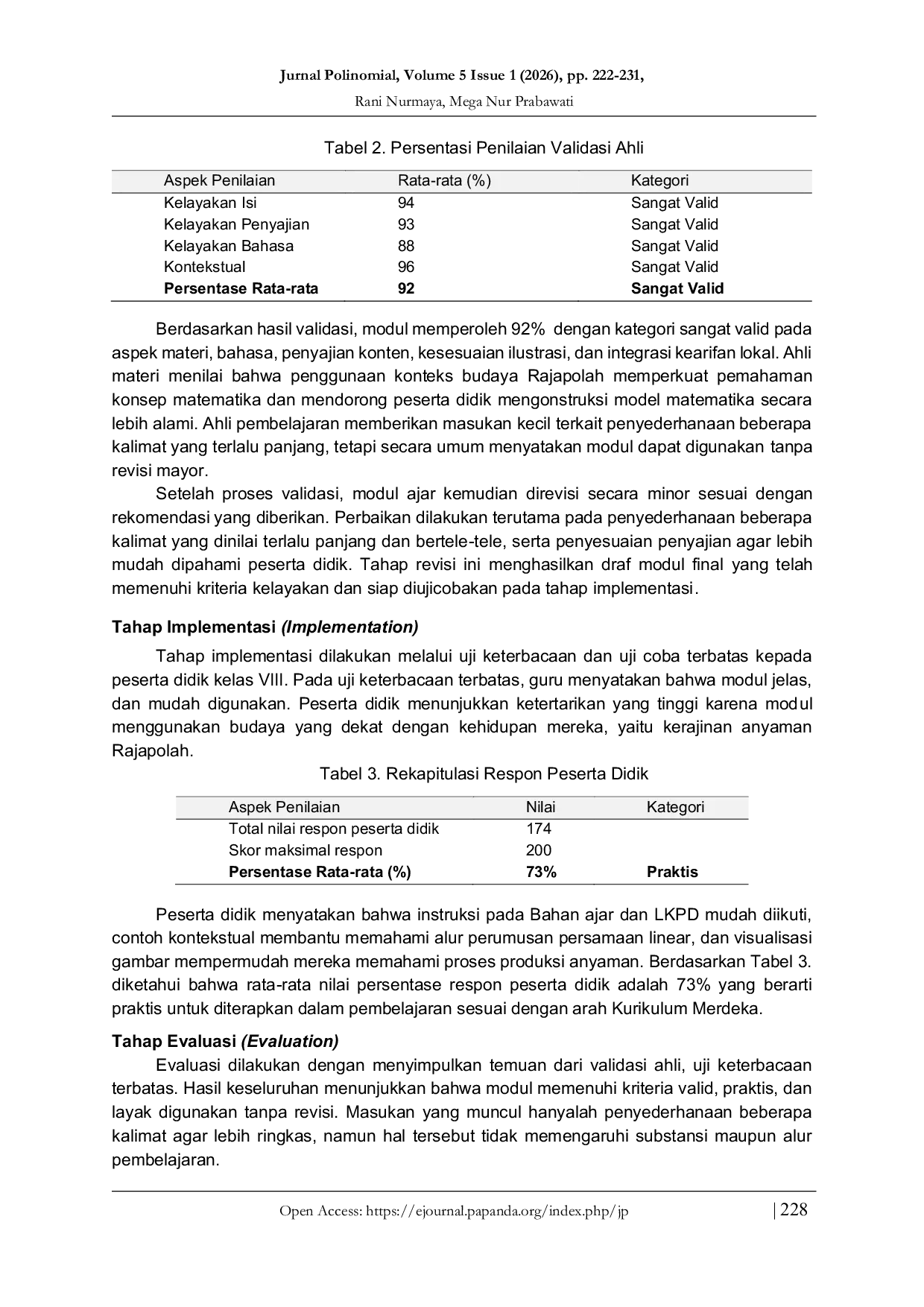 JURIS Pengembangan Modul Ajar Matematika Berbasis Kearifan Lokal Anyaman Rajapolah pada Materi Persamaan Linear Satu Variabel untuk Peserta Didik SMP