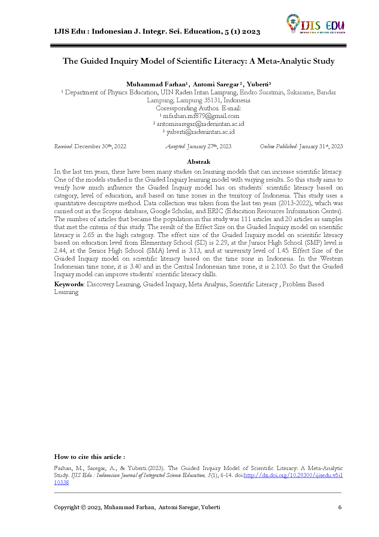 juris The Guided Inquiry Model of Scientific Literacy A Meta Analytic Study