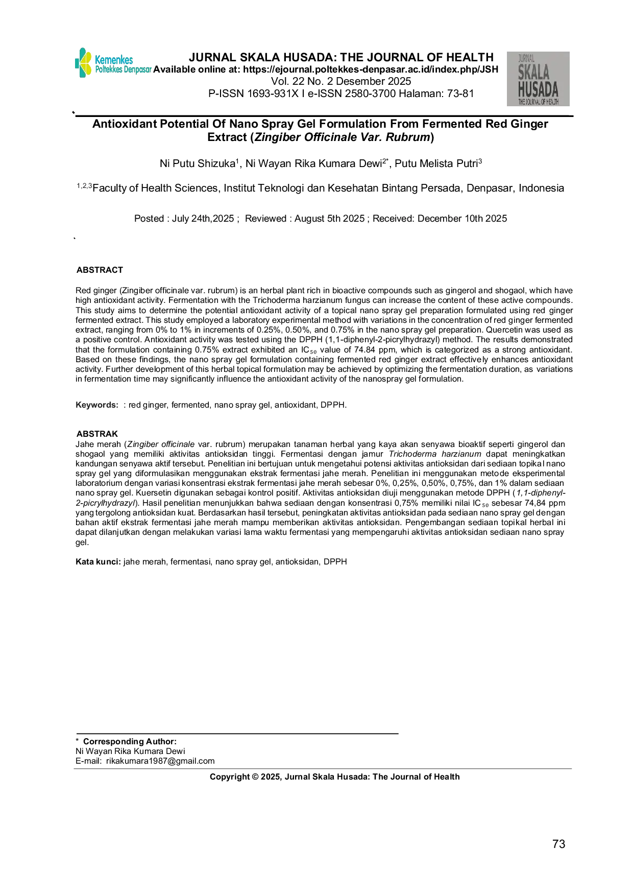 JURIS ANTIOXIDANT POTENTIAL OF NANO SPRAY GEL FORMULATION FROM FERMENTED RED GINGER EXTRACT Zingiber officinale var rubrum