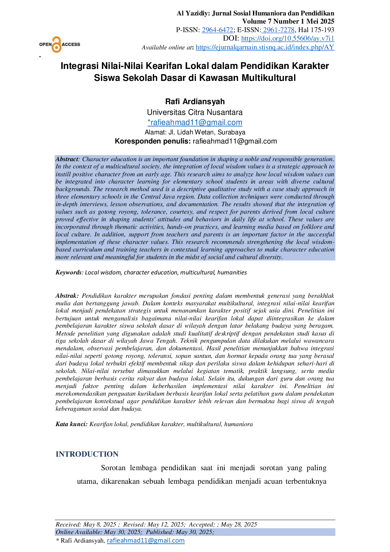 JURIS Integration of Local Wisdom Values in Character Education of Elementary School Students in Multicultural Areas