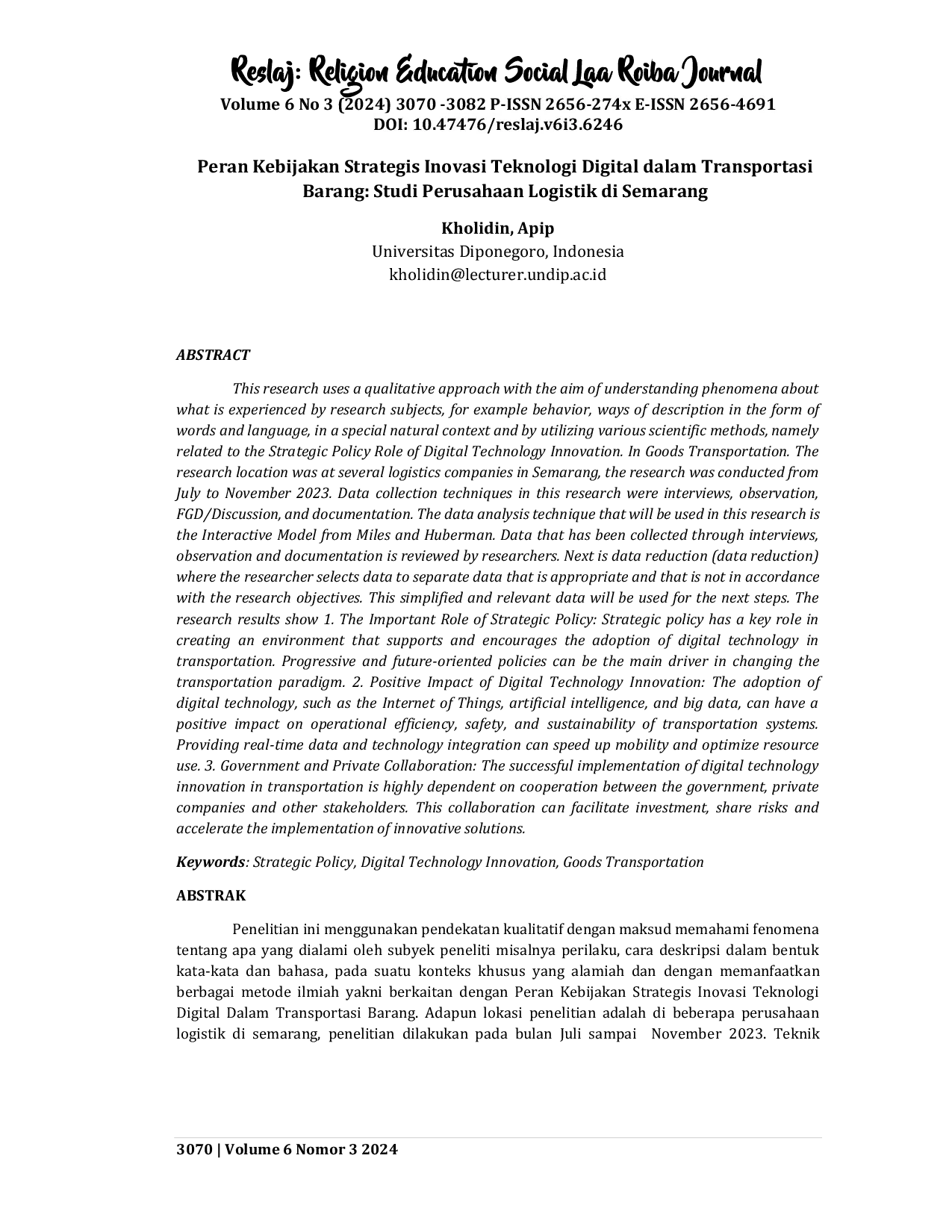 JURIS Peran Kebijakan Strategis Inovasi Teknologi Digital dalam Transportasi Barang Studi Perusahaan Logistik di Semarang