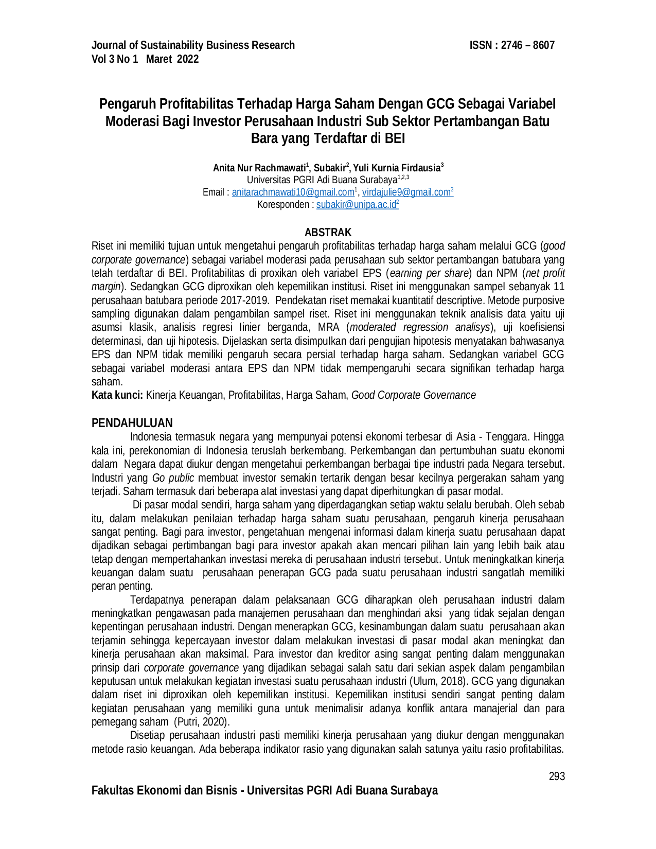 JURIS Pengaruh Profitabilitas Terhadap Harga Saham Dengan GCG Sebagai VariabeI Moderasi Bagi Investor Perusahaan Industri Sub Sektor Pertambangan Batu Bara yang Terdaftar di BEI