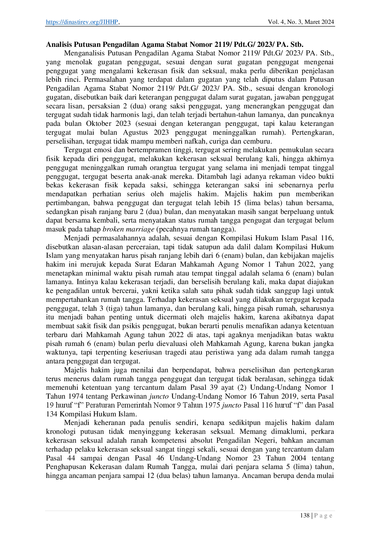 juris Cerai Gugat dalam Putusan Pengadilan Agama Stabat Nomor 2119 Pdt G 2023 PA Stb Ditinjau dalam Perspektif Undang Undang Nomor 23 Tahun 2004 tentang Penghapusan Kekerasan dalam Rumah Tangga dan Pa