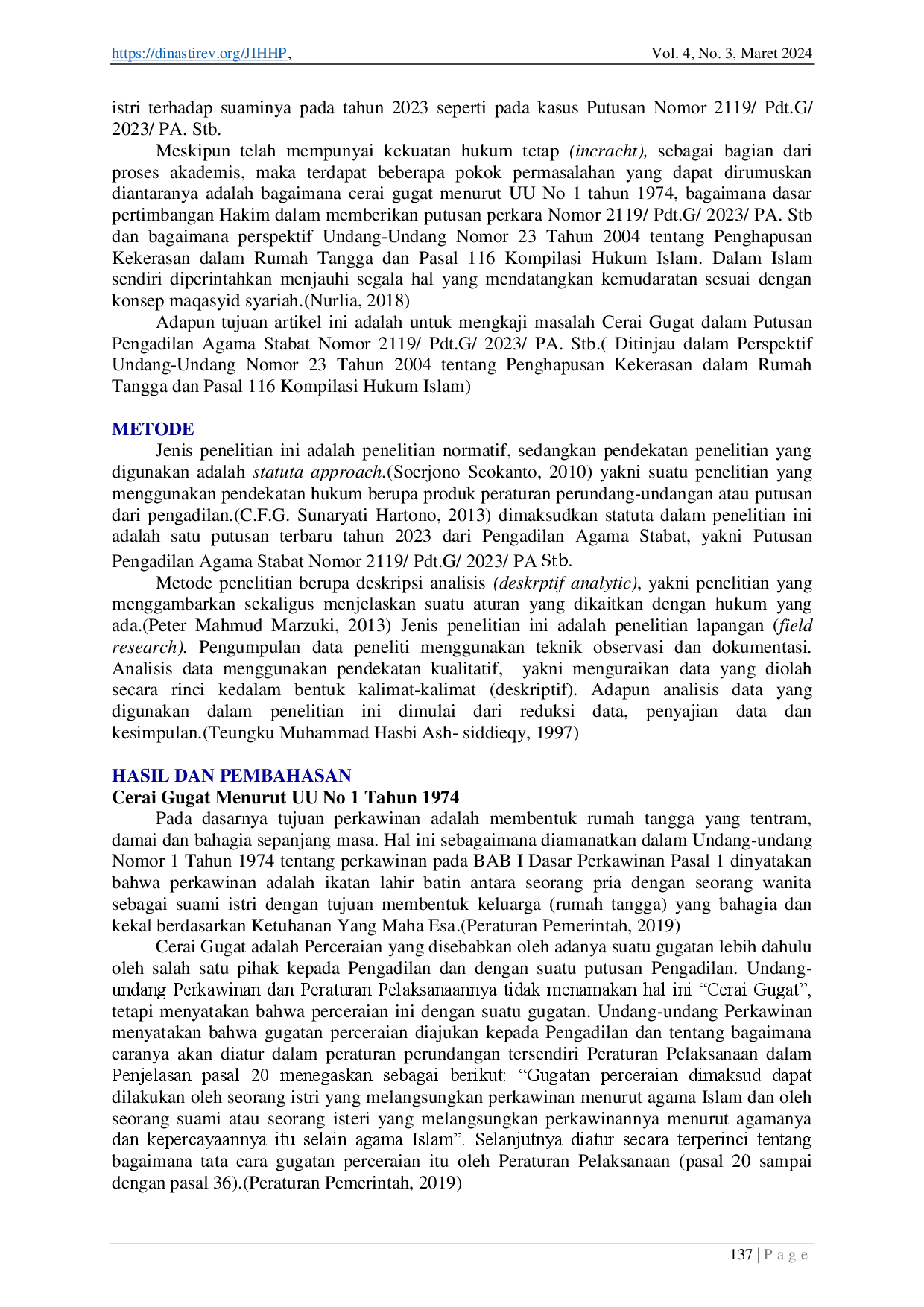 juris Cerai Gugat dalam Putusan Pengadilan Agama Stabat Nomor 2119 Pdt G 2023 PA Stb Ditinjau dalam Perspektif Undang Undang Nomor 23 Tahun 2004 tentang Penghapusan Kekerasan dalam Rumah Tangga dan Pa