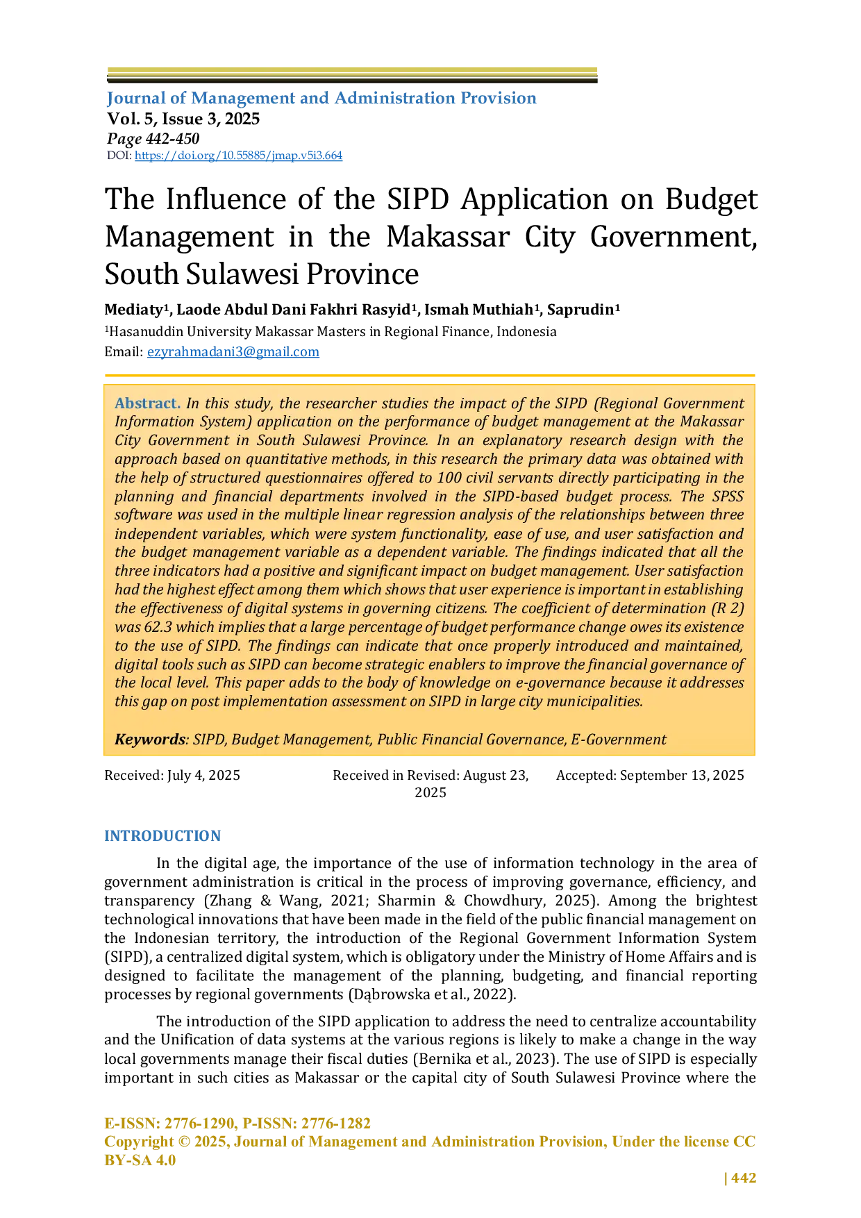 JURIS The Influence of the SIPD Application on Budget Management in the Makassar City Government South Sulawesi Province