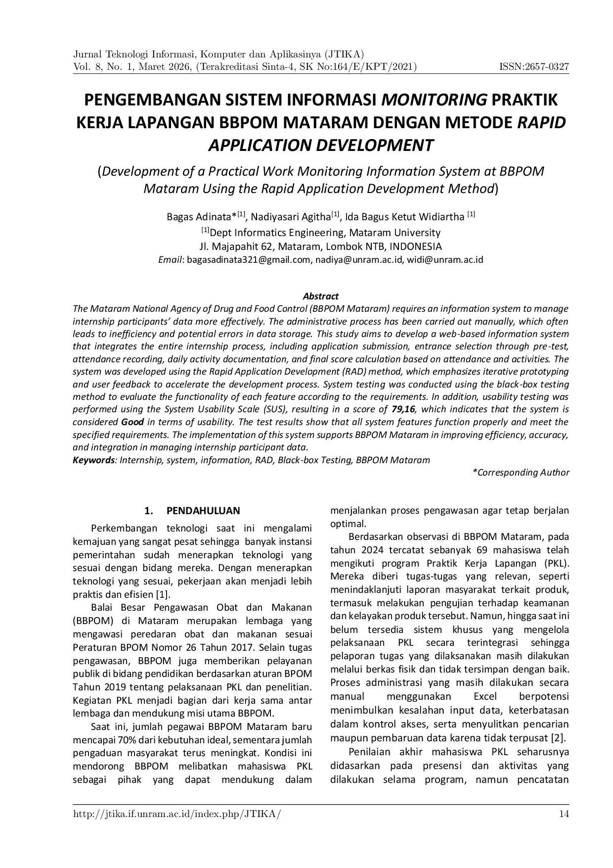 JURIS Pengembangan Sistem Informasi Monitoring Praktik Kerja Lapangan Bbpom Mataram Dengan Metode Rapid Application Development