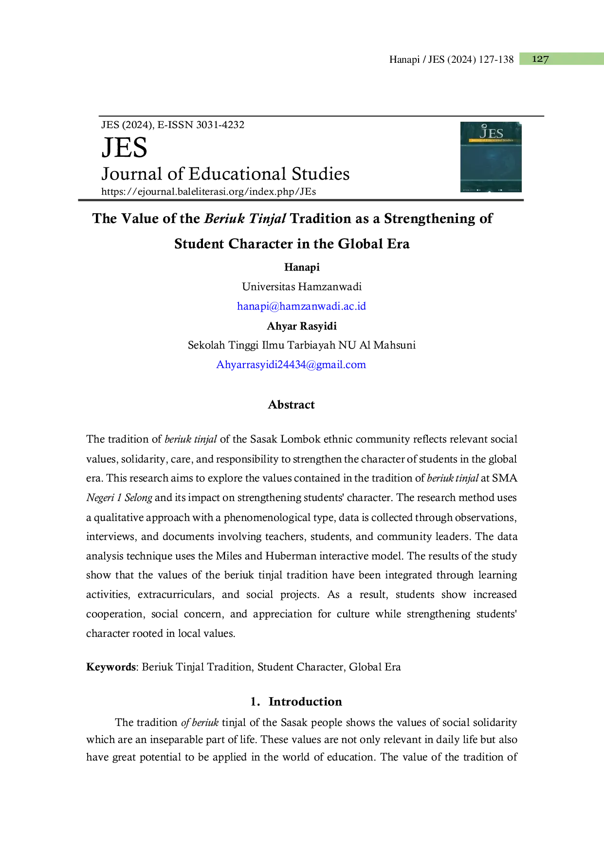 JURIS The Value of the Beriuk Tinjal Tradition as a Strengthening of Student Character in the Global Era
