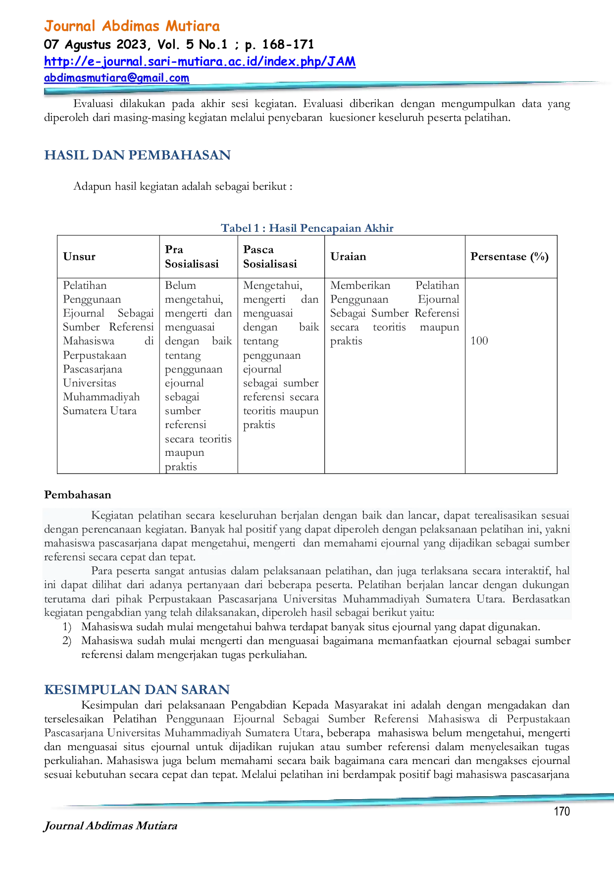 JURIS Pelatihan Penggunaan E Journal Sebagai Sumber Referensi Mahasiswa di Perpustakaan Pascasarjana Universitas Muhammadiyah Sumatera Utara