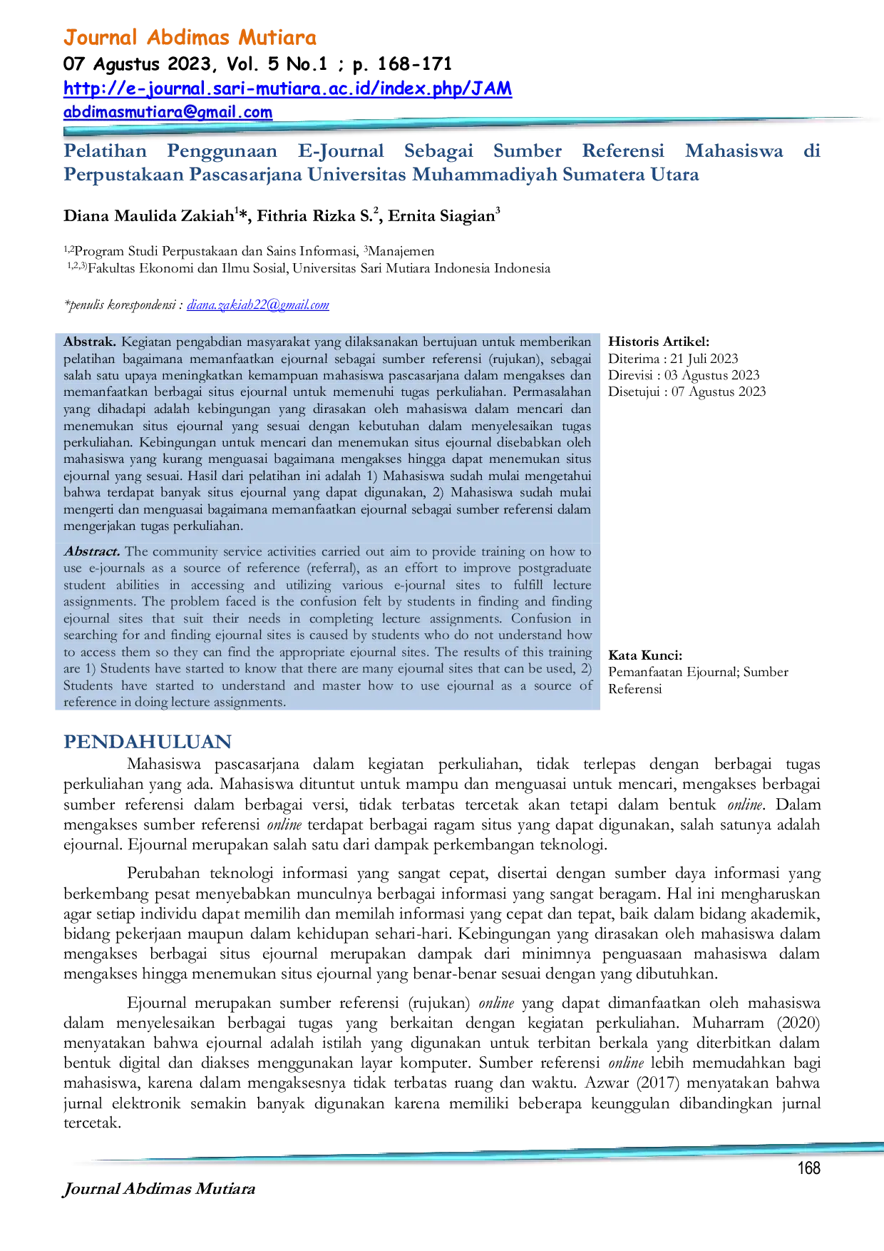JURIS Pelatihan Penggunaan E Journal Sebagai Sumber Referensi Mahasiswa di Perpustakaan Pascasarjana Universitas Muhammadiyah Sumatera Utara
