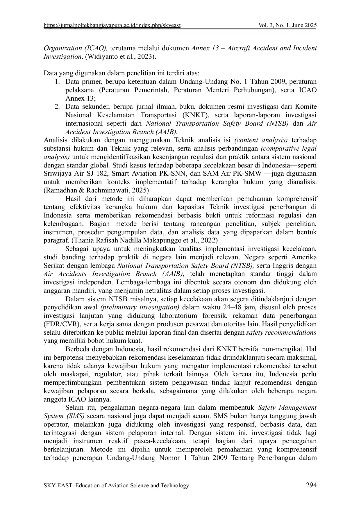 JURIS Implementasi Undang Undang No 1 Tahun 2009 tentang Penerbangan dalam Investigasi Kecelakaan dan Insiden Pesawat Udara