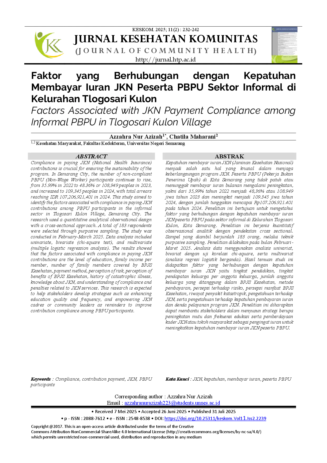 juris Faktor Yang Berhubungan Dengan Kepatuhan Membayar Iuran Jkn Peserta Pbpu Sektor Informal Di Kelurahan Tlogosari Kulon
