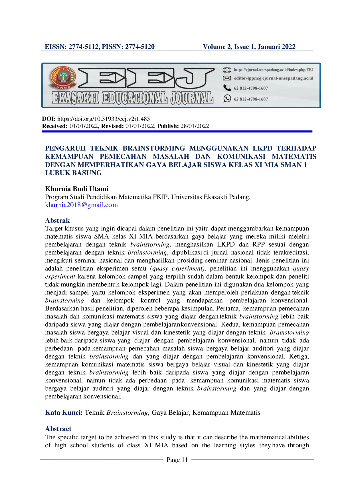 JURIS Pengaruh Teknik Brainstorming Menggunakan Lkpd Terhadap Kemampuan Pemecahan Masalah Dan Komunikasi Matematis