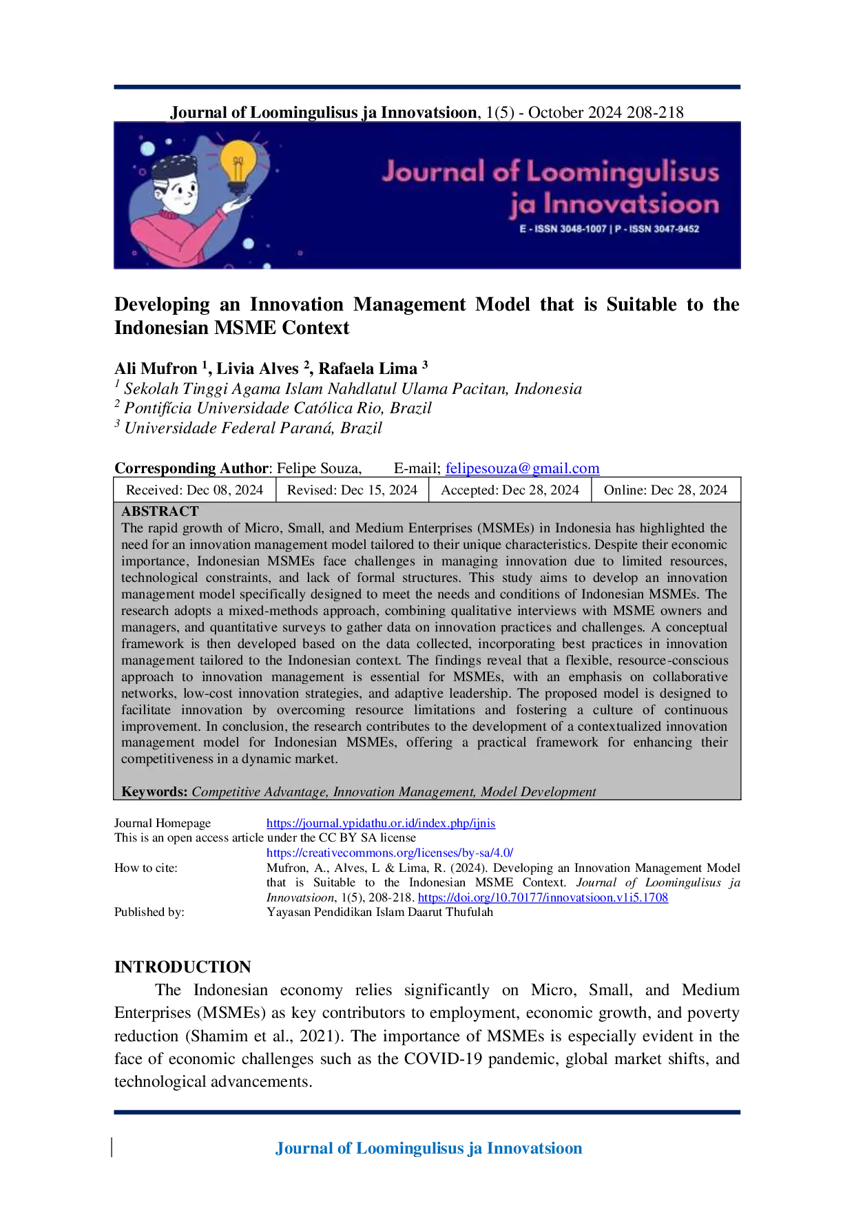 JURIS Developing an Innovation Management Model that is Suitable to the Indonesian MSME Context