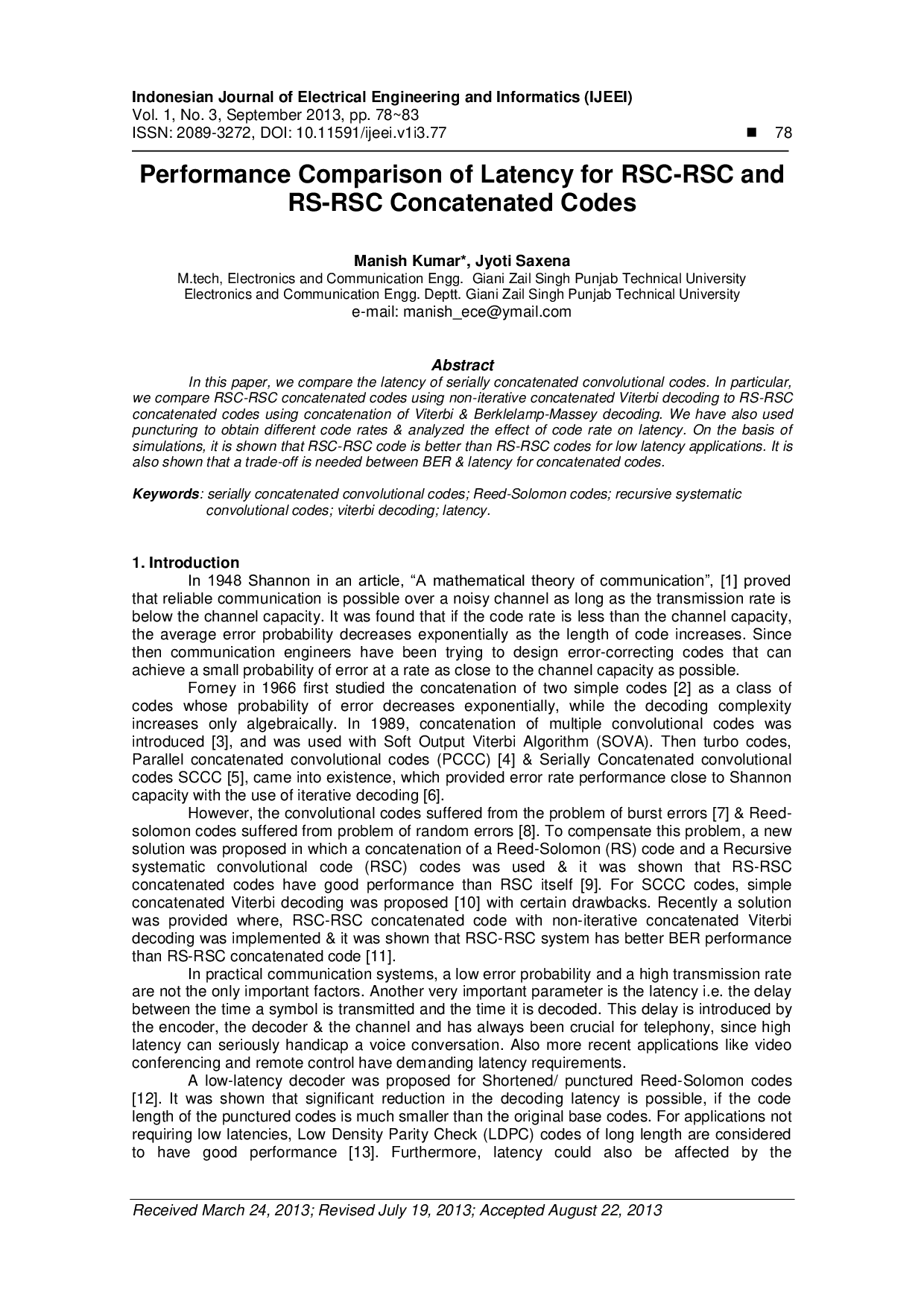 JURIS Performance Comparison of Latency for RSC RSC and RS RSC Concatenated Codes