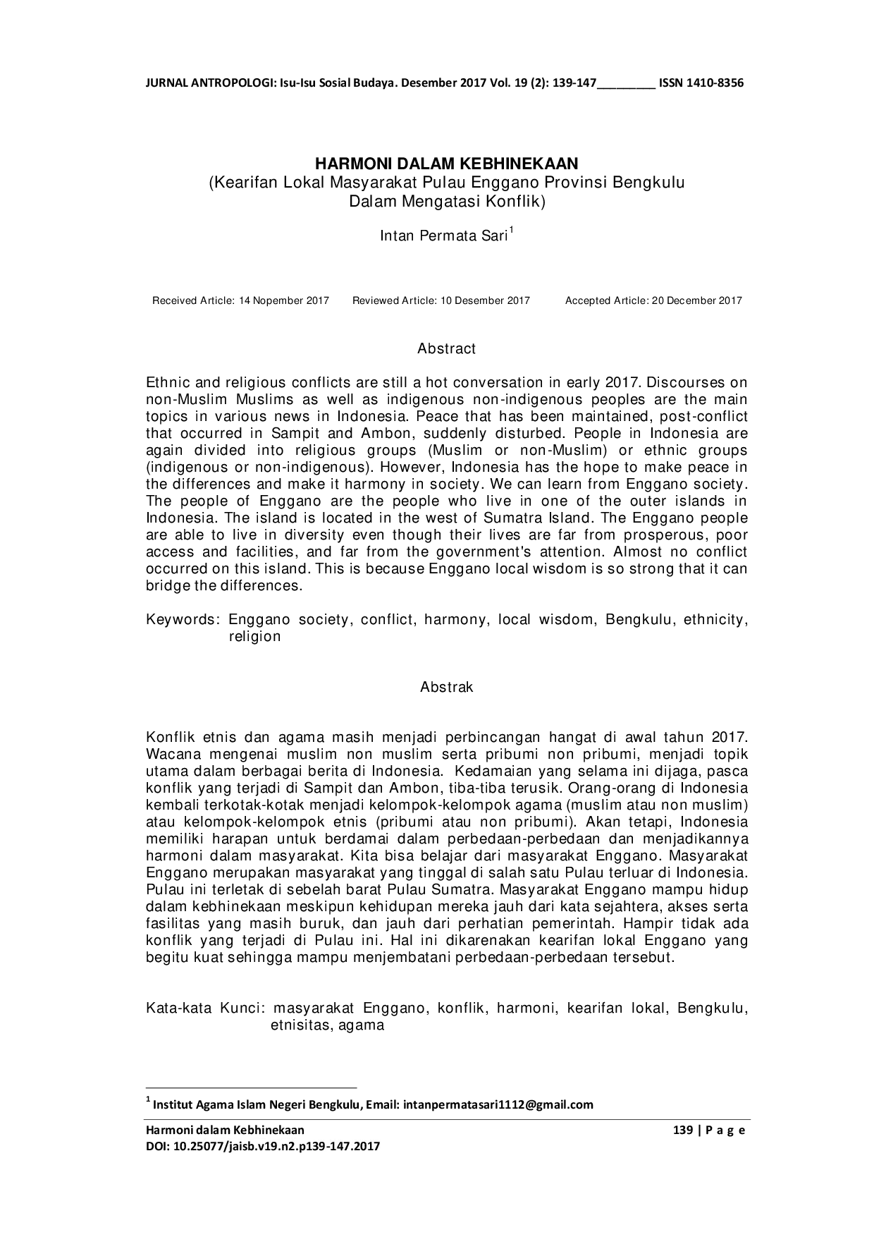 JURIS HARMONI DALAM KEBHINEKAAN Kearifan Lokal Masyarakat Pulau Enggano Provinsi Bengkulu Dalam Mengatasi Konflik