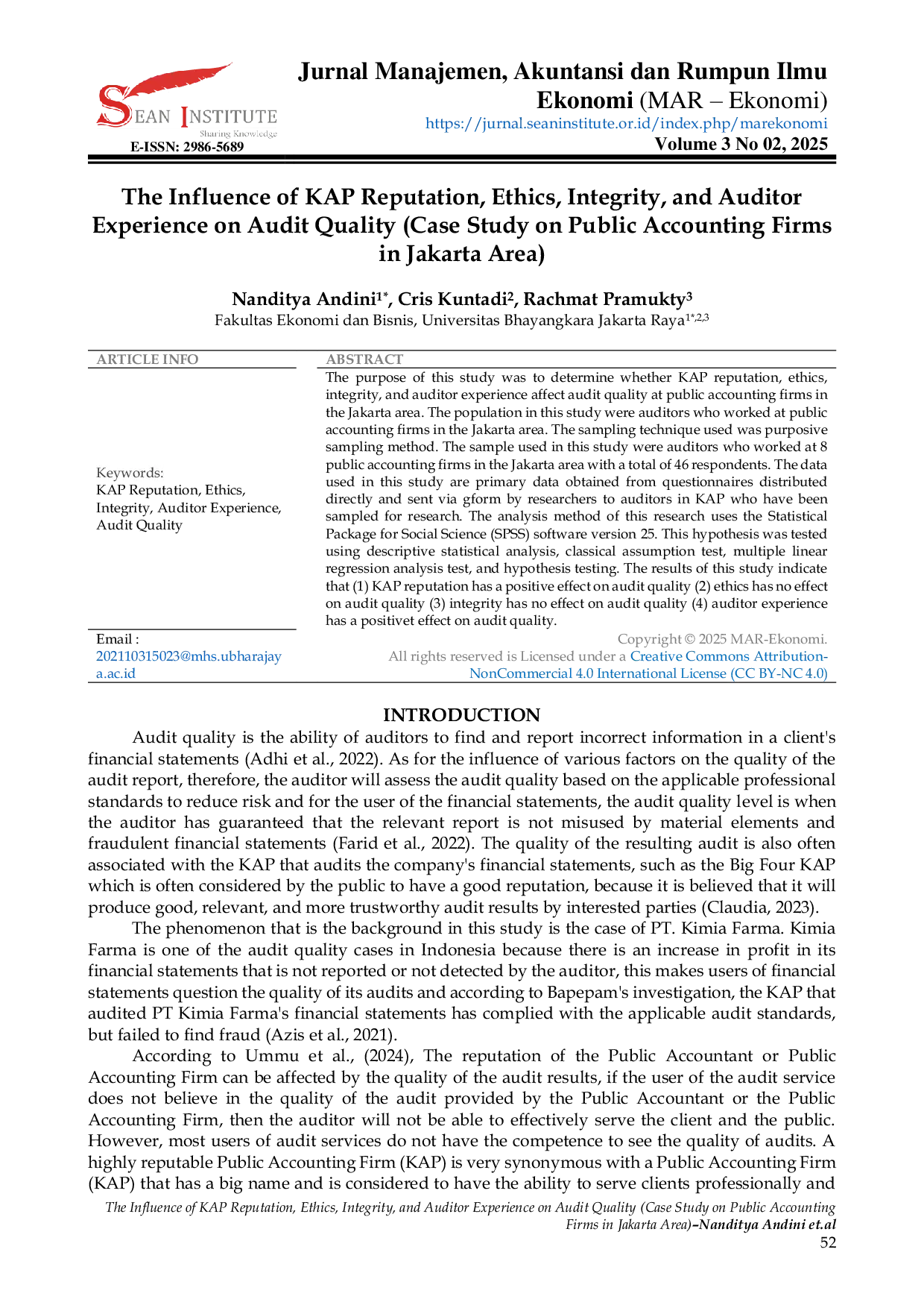 JURIS The Influence of KAP Reputation Ethics Integrity and Auditor Experience on Audit Quality Case Study on Public Accounting Firms in Jakarta Area