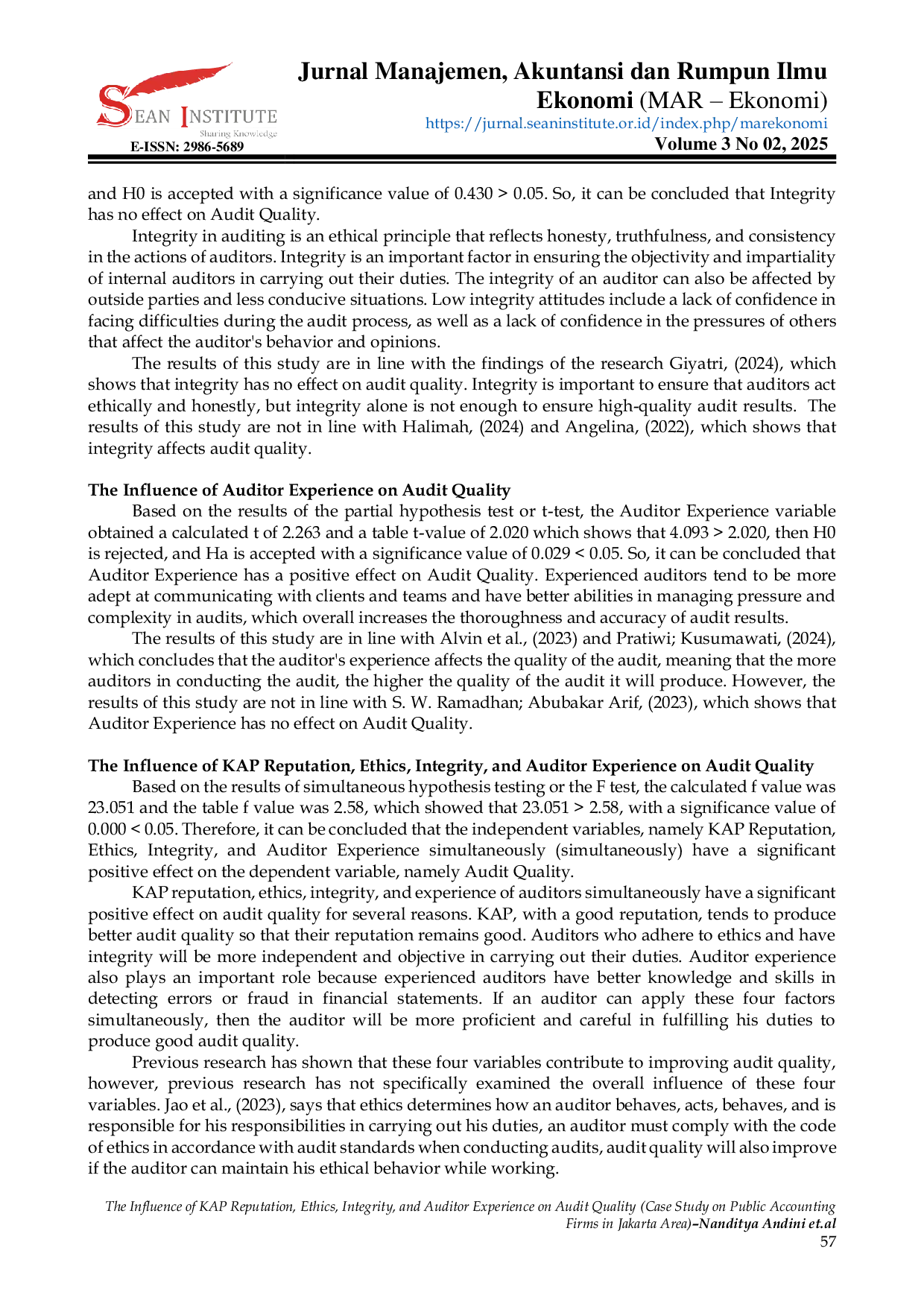 JURIS The Influence of KAP Reputation Ethics Integrity and Auditor Experience on Audit Quality Case Study on Public Accounting Firms in Jakarta Area
