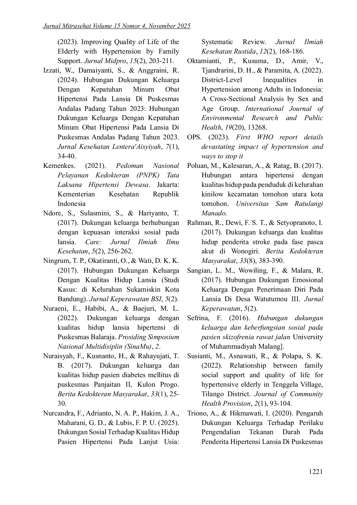 JURIS Hubungan Dukungan Keluarga Dan Kualitas Hidup Lansia Yang Menderita Hipertensi Di Wilayah Kerja Puskesmas Tamalatea