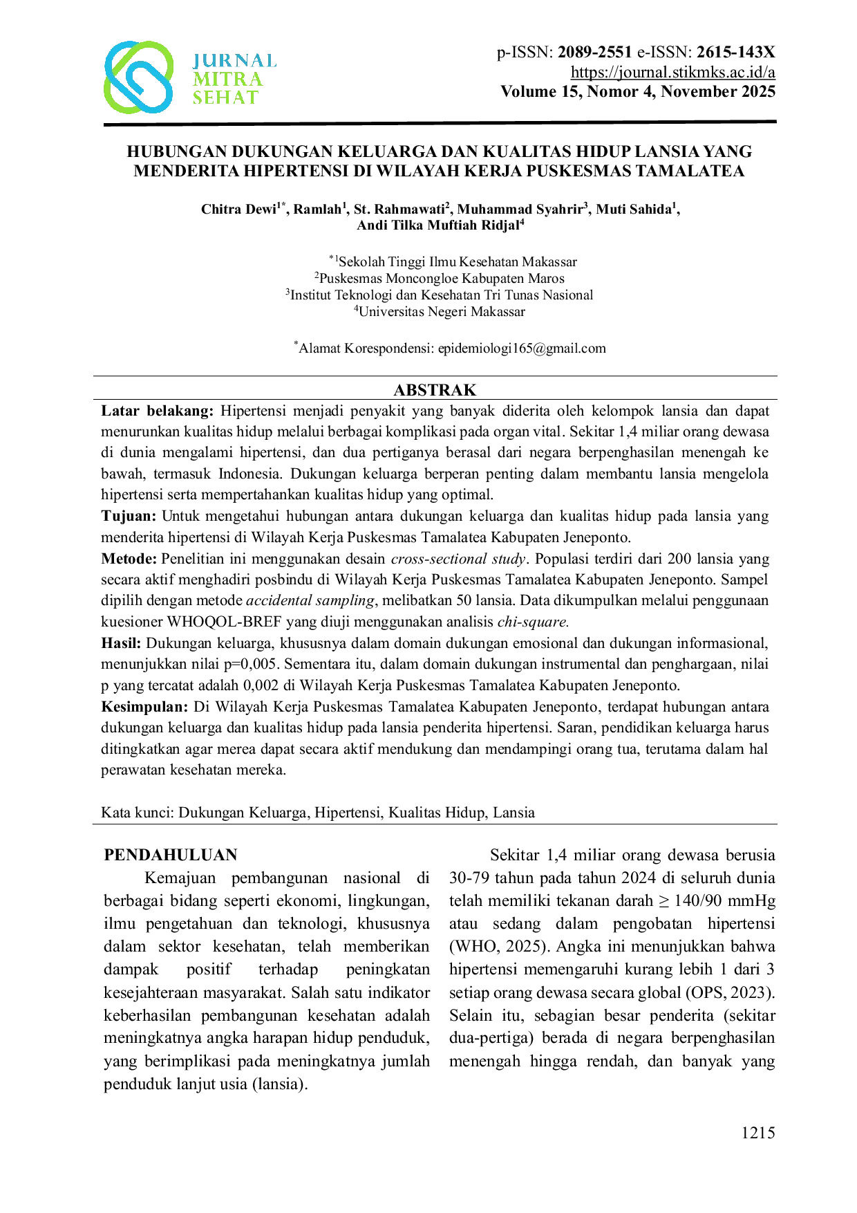 JURIS Hubungan Dukungan Keluarga Dan Kualitas Hidup Lansia Yang Menderita Hipertensi Di Wilayah Kerja Puskesmas Tamalatea