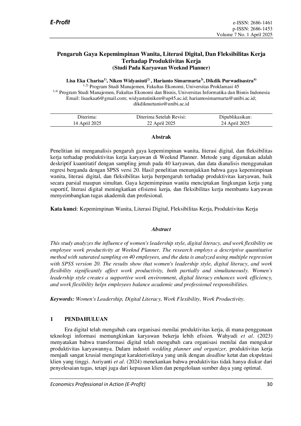 JURIS Pengaruh Gaya Kepemimpinan Wanita Literasi Digital Dan Fleksibilitas Kerja Terhadap Produktivitas Kerja