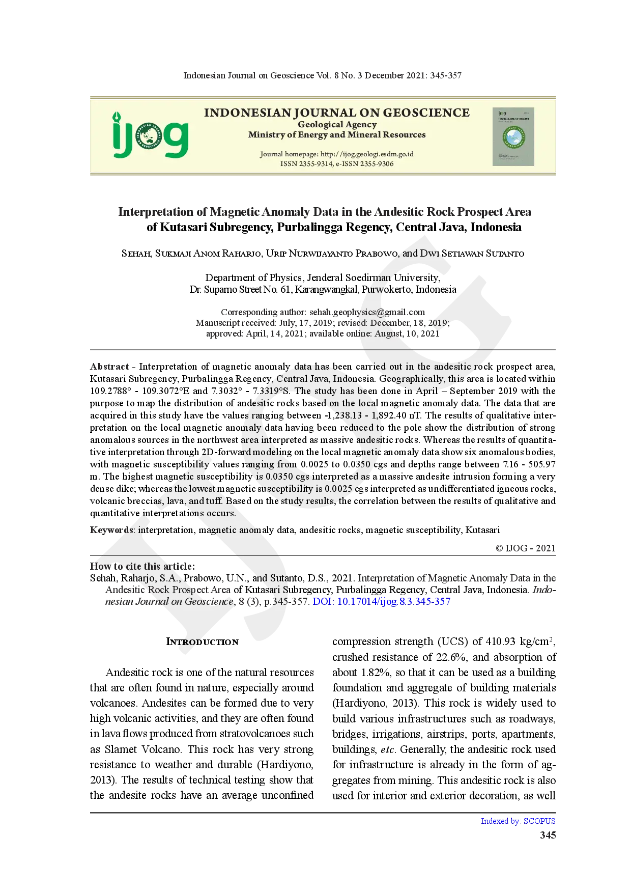 juris Interpretation of Magnetic Anomaly Data in the Andesitic Rock Prospect Area of Kutasari Subregency Purbalingga Regency Central Java Indonesia