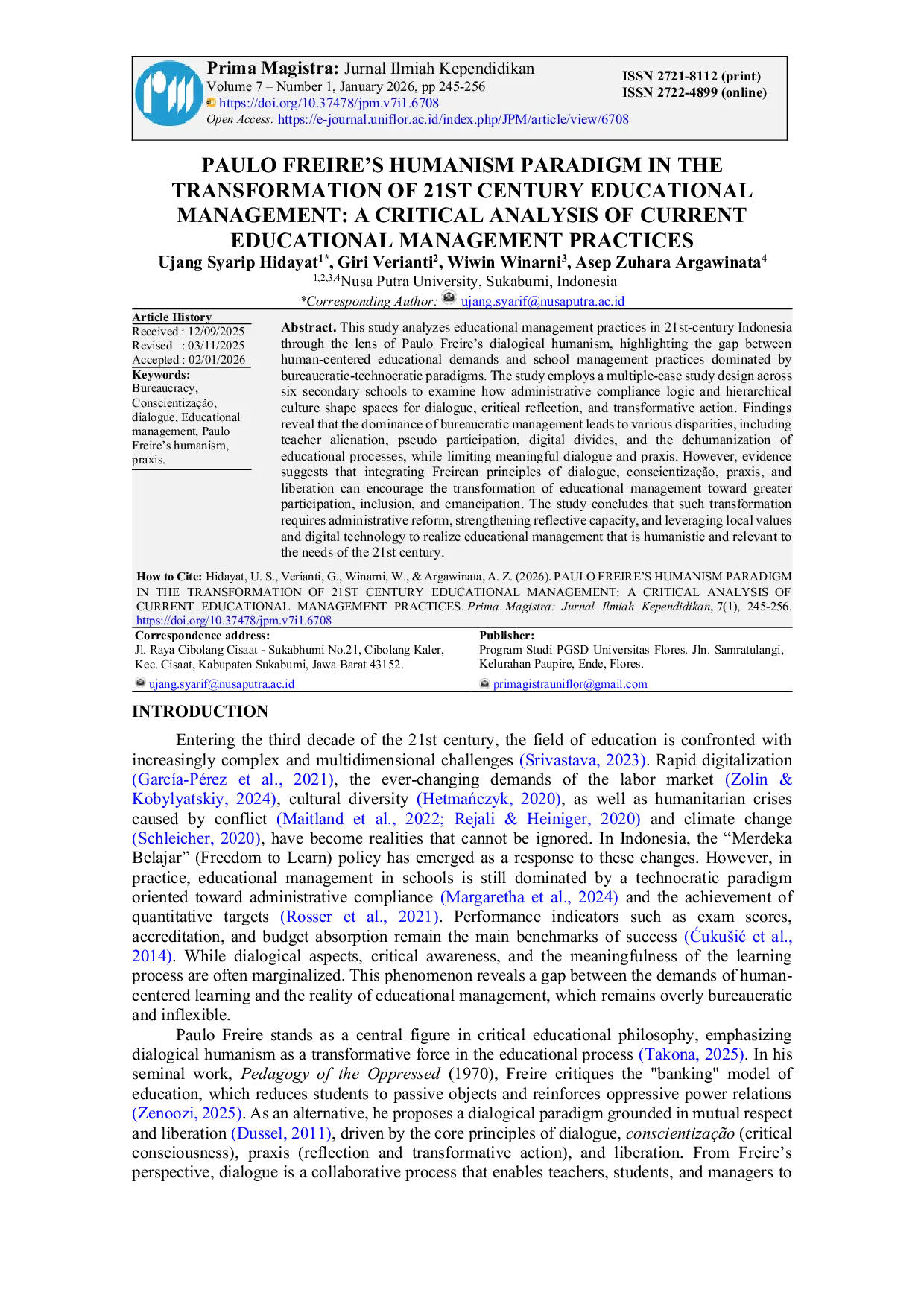 JURIS Paulo Freire s Humanism Paradigm in the Transformation of 21st Century Educational Management