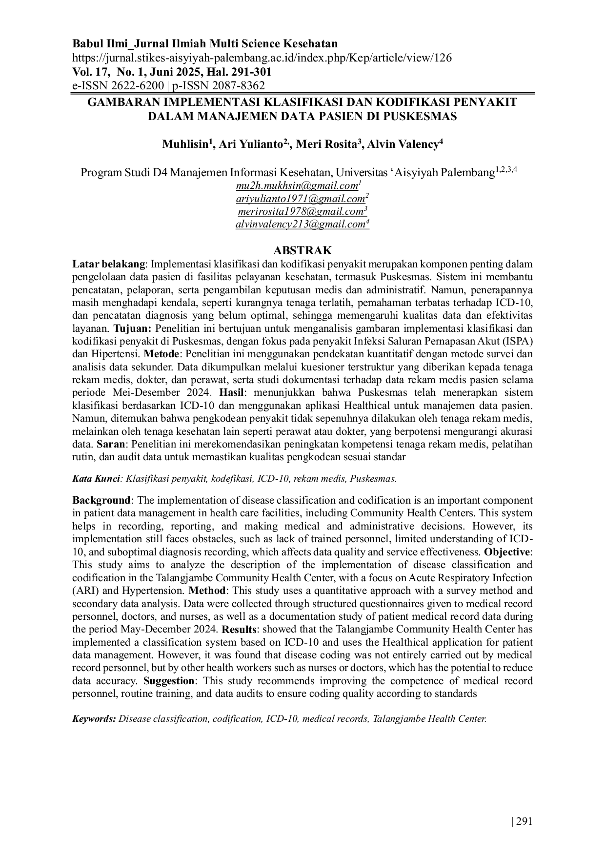 JURIS Gambar Implementasi Klasifikasi dan Kodifikasi Penyakit dalam Manajemen Data Pasien di Puskesmas