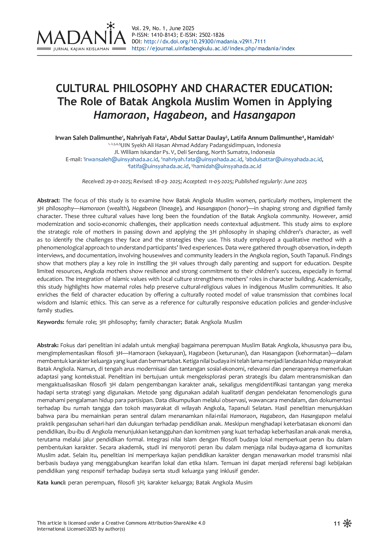 JURIS Cultural Philosophy and Character Education The Role of Batak Angkola Muslim Women in Applying Hamoraon Hagabeon and Hasangapon