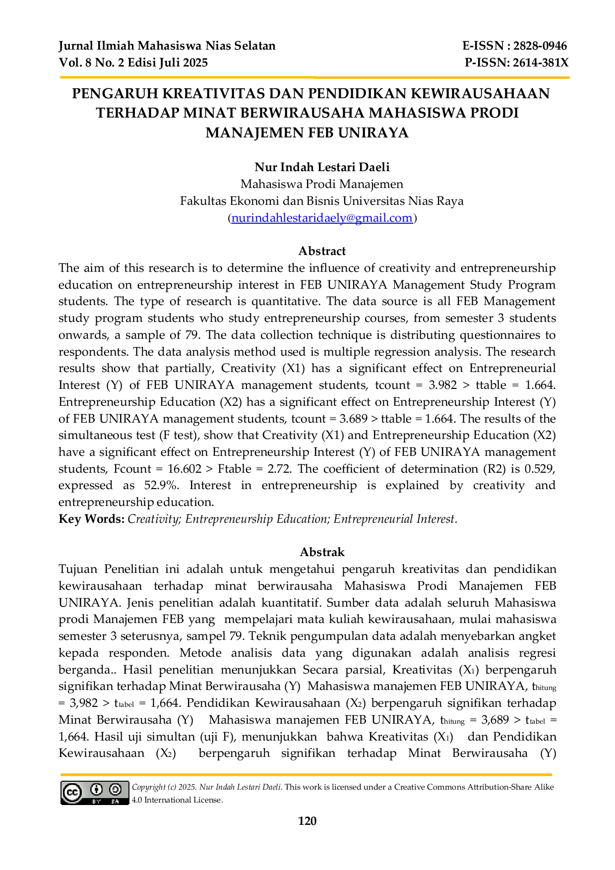 JURIS Pengaruh Kreativitas Dan Pendidikan Kewirausahaan Terhadap Minat Berwirausaha Mahasiswa Prodi Manajemen Feb Uniraya