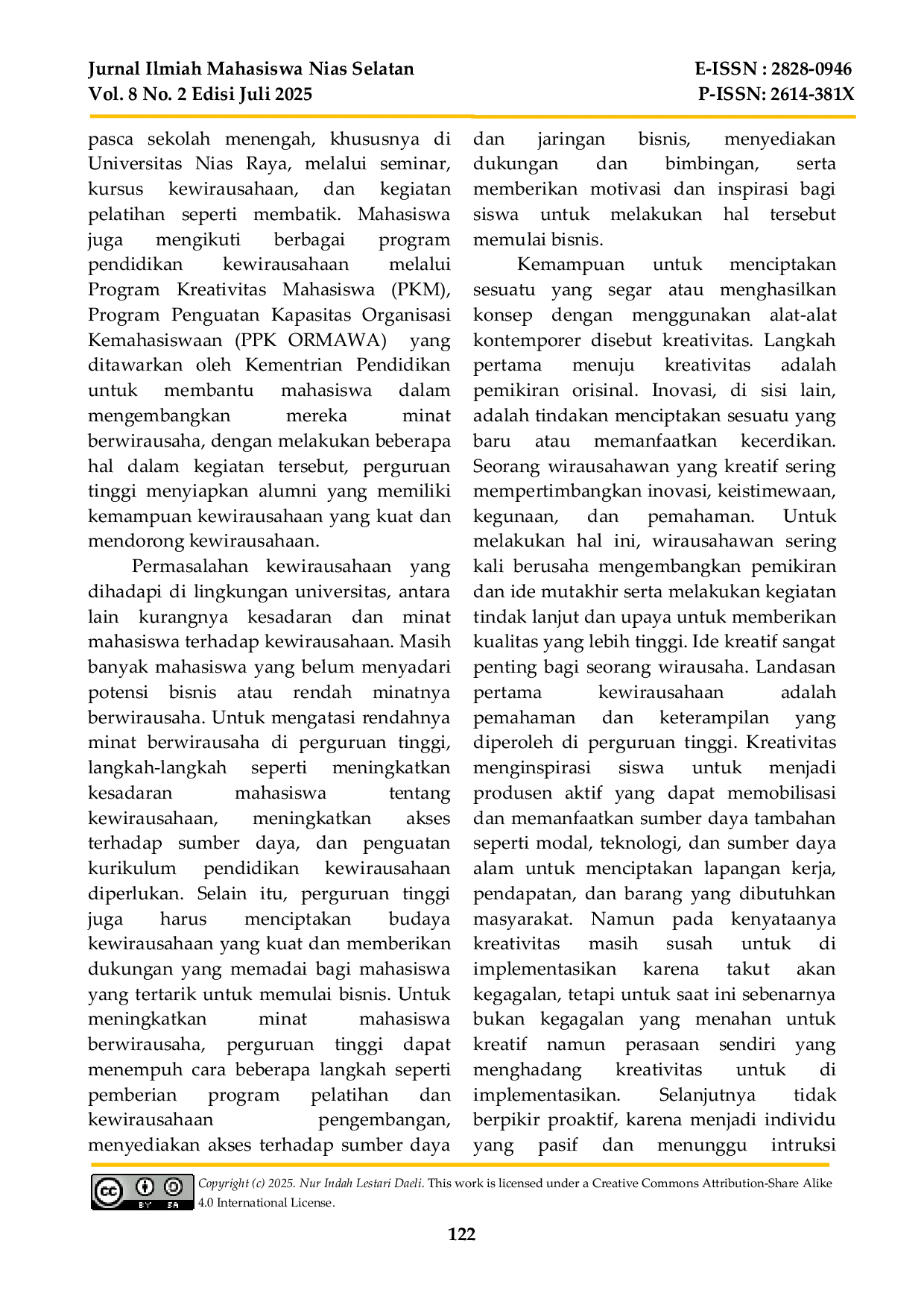 JURIS Pengaruh Kreativitas Dan Pendidikan Kewirausahaan Terhadap Minat Berwirausaha Mahasiswa Prodi Manajemen Feb Uniraya