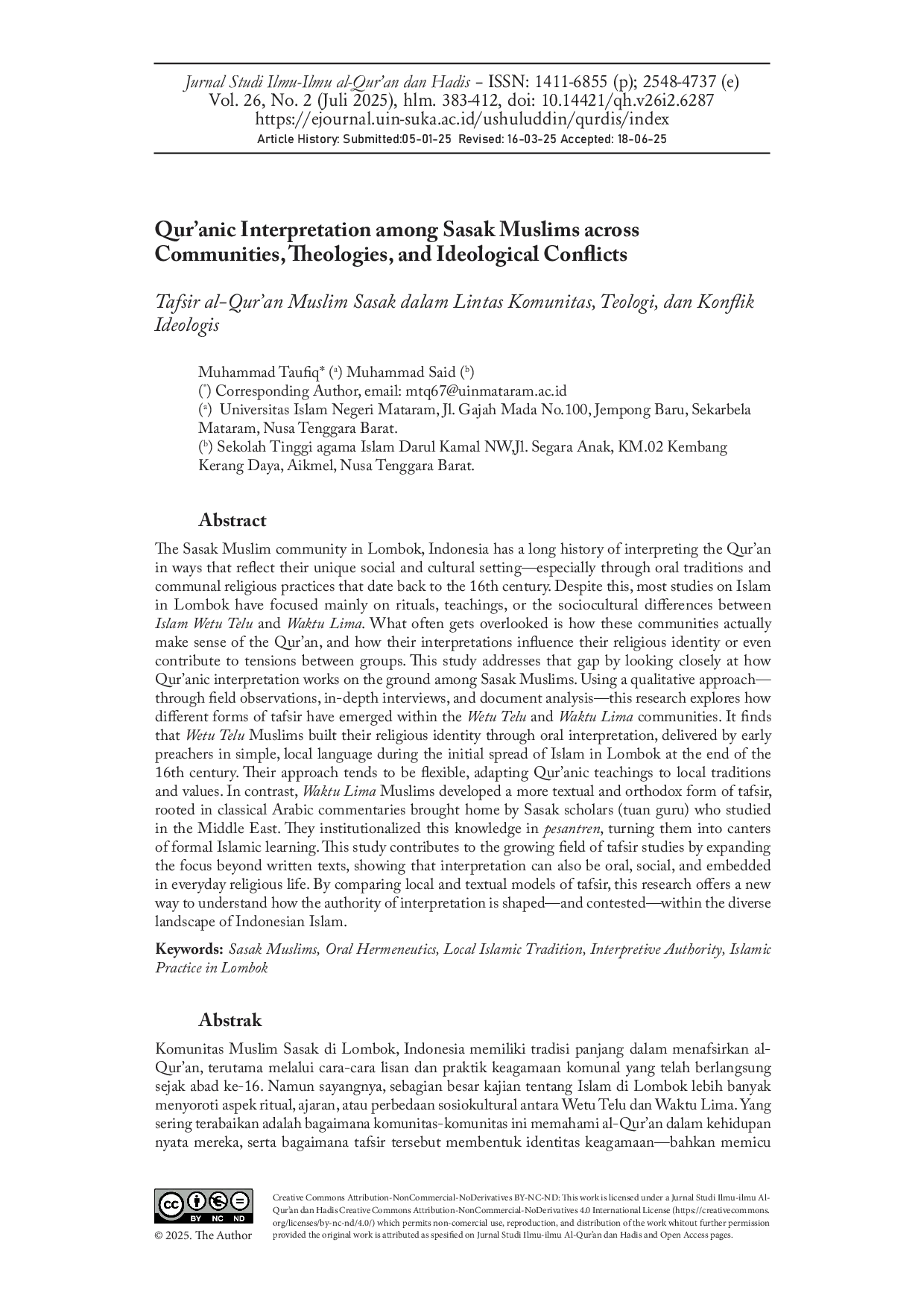 JURIS Qur anic Interpretation among Sasak Muslims across Communities Theologies and Ideological Conflicts