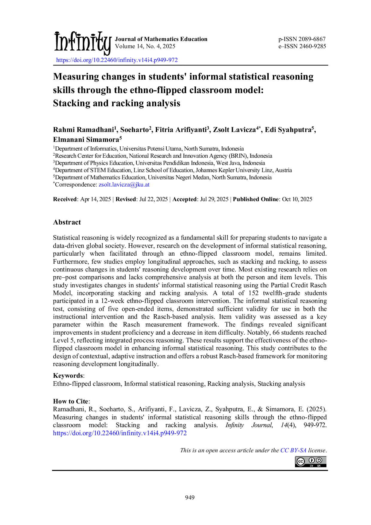 JURIS Measuring changes in students informal statistical reasoning skills through the ethno flipped classroom model Stacking and racking analysis