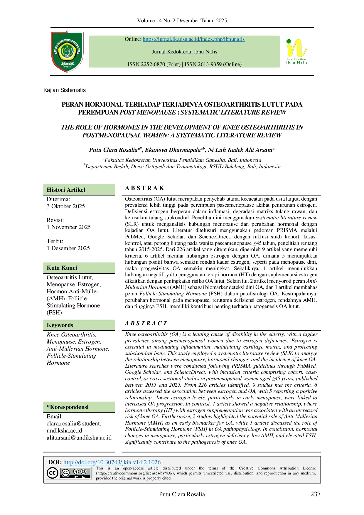 JURIS Peran Hormonal Terhadap Terjadinya Osteoartritis Lutut Pada Perempuan Post Menopause Systematic Literature Review