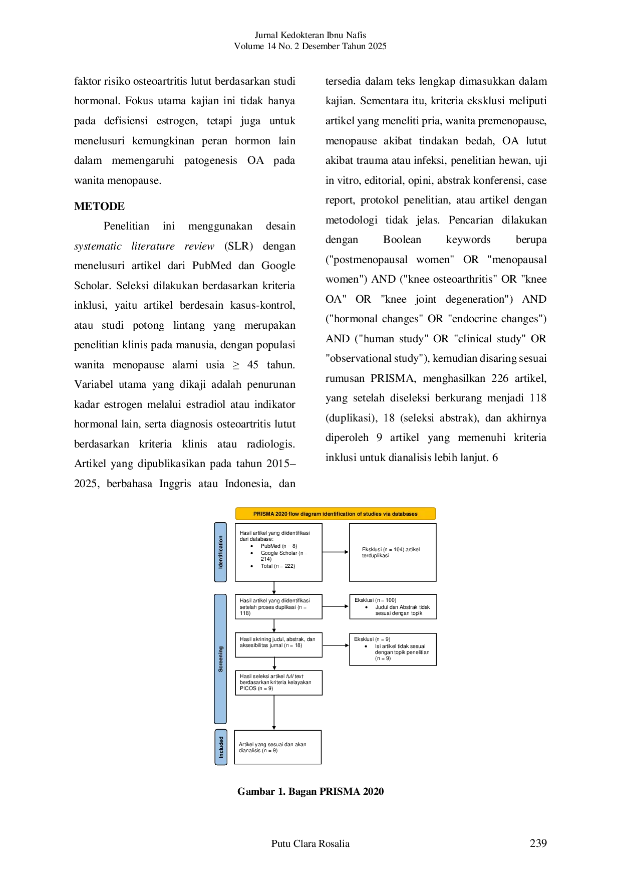 JURIS Peran Hormonal Terhadap Terjadinya Osteoartritis Lutut Pada Perempuan Post Menopause Systematic Literature Review